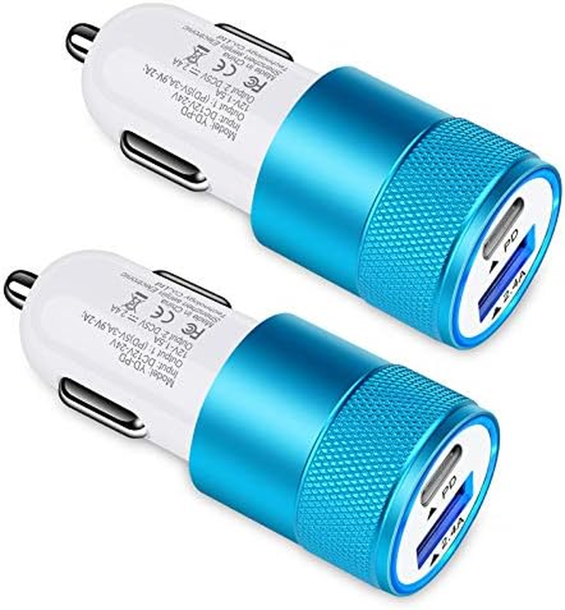 30W USB C Car Charger, [2Pack] PD 3.0 Fast Charge Dual Port USB Type C and 2.4A USB a Cargador Carro Lighter Adapter Base for Iphone 16, Ipad, Galaxy S25, LG, Google Pixel GPS, Z Play Droid, Motorola