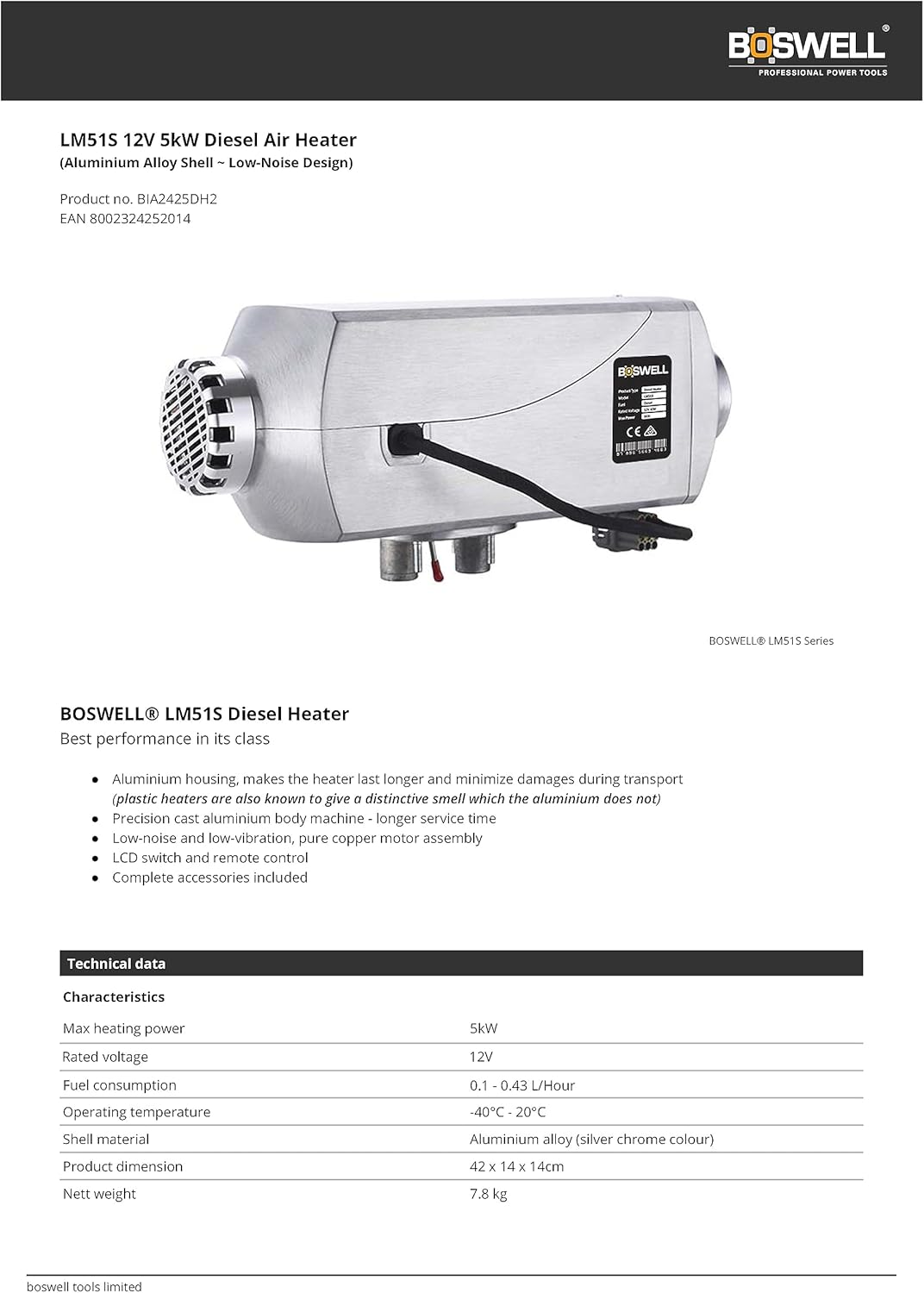 BOSWELL DIESEL AIR HEATER 12V 5KW ALUMINIUM SHELL Parking Camper Van Caravan Silver image number 5