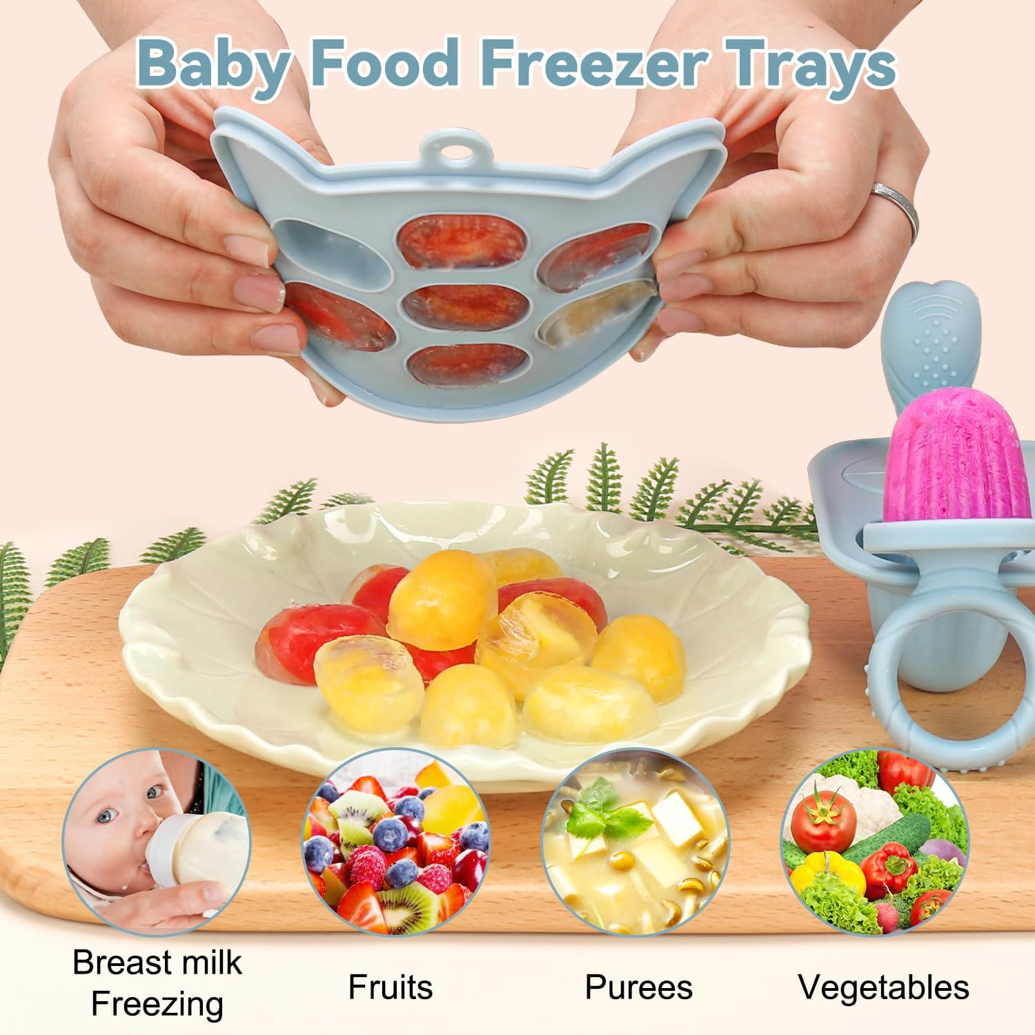 MR.TIMELAG Baby Fruit Feeder & Popsicle Molds 6-In-1 Set - Silicone Teething Mitts, Freezer Trays, Pacifiers & Ice Lolly Makers (Blue Bear + Smiley) - Bpa-Free Infant Feeding & DIY Frozen Treat Kit image number 2