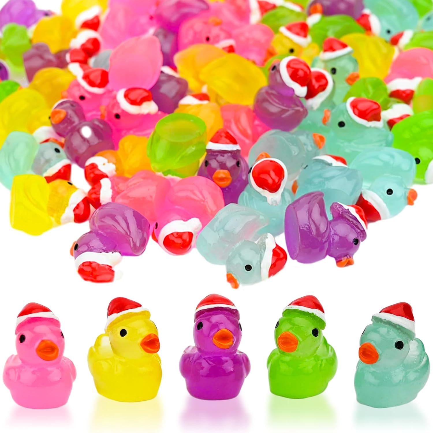 50Pcs Christmas Mini Ducks Miniature, 5Colors Luminous Ducks Figurines Wtih Christmas Hat, Figures Ornament for Micro Landscape Dollhouse Miniature Statue Landscape Craft Cake Topper image number 2
