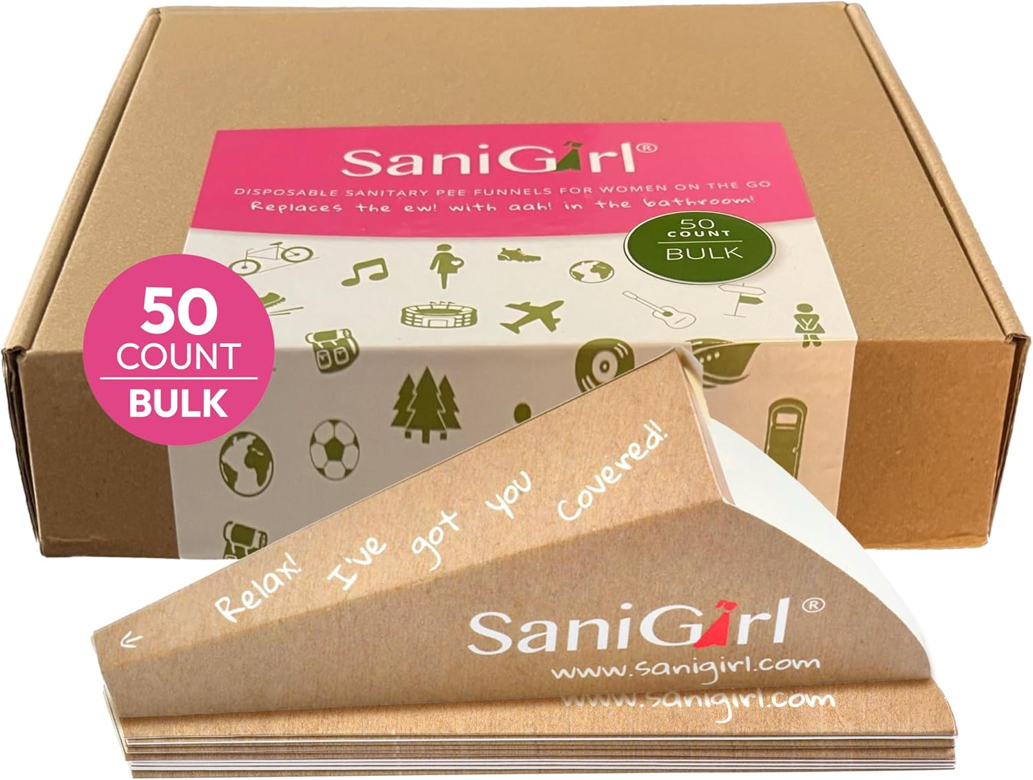 Sanigirl Pee Funnel for Women| Disposable| Female Urinal | Feminine Care | Portable Urination Device | Travel Essentials for Women | Camping Gifts for Women| Porta Potty Solution (50 Count Bulk Pack) image number 1