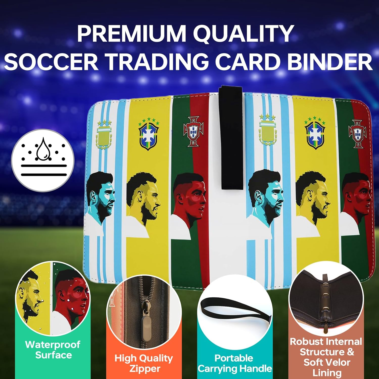 Soccer Card Binder, 4 Pocket Sports Trading Card Collection Binder, Soccer Card Holder with Zipper Carrying Handle and 50 Removable Sleeves for 400 Cards, Waterproof 3-Ring Card Album Folder image number 4