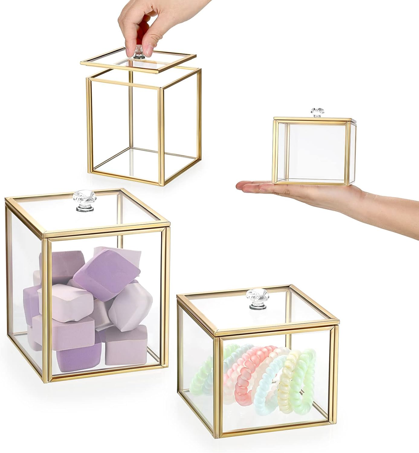 Hipiwe 2 Pack Glass Qtip Holder Dispenser with Lid Gold Bathroom Containers for Cotton Balls Makeup Sponges Bath Salts Candles Vanity Canisters Countertop Storage Organizer Jar image number 6