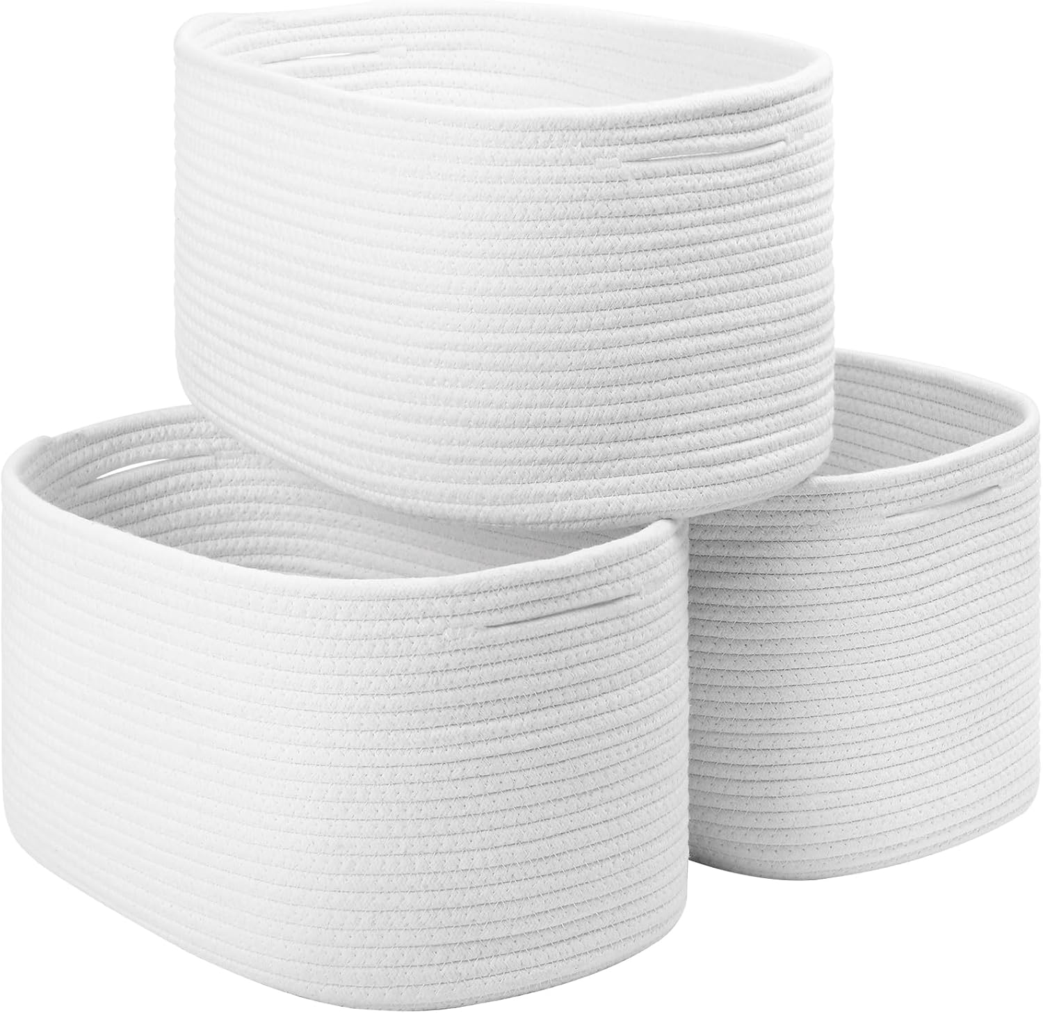 Woven Cotton Rope Storage Boxs with Hollow Handle (White, 3 Pack) image number 4