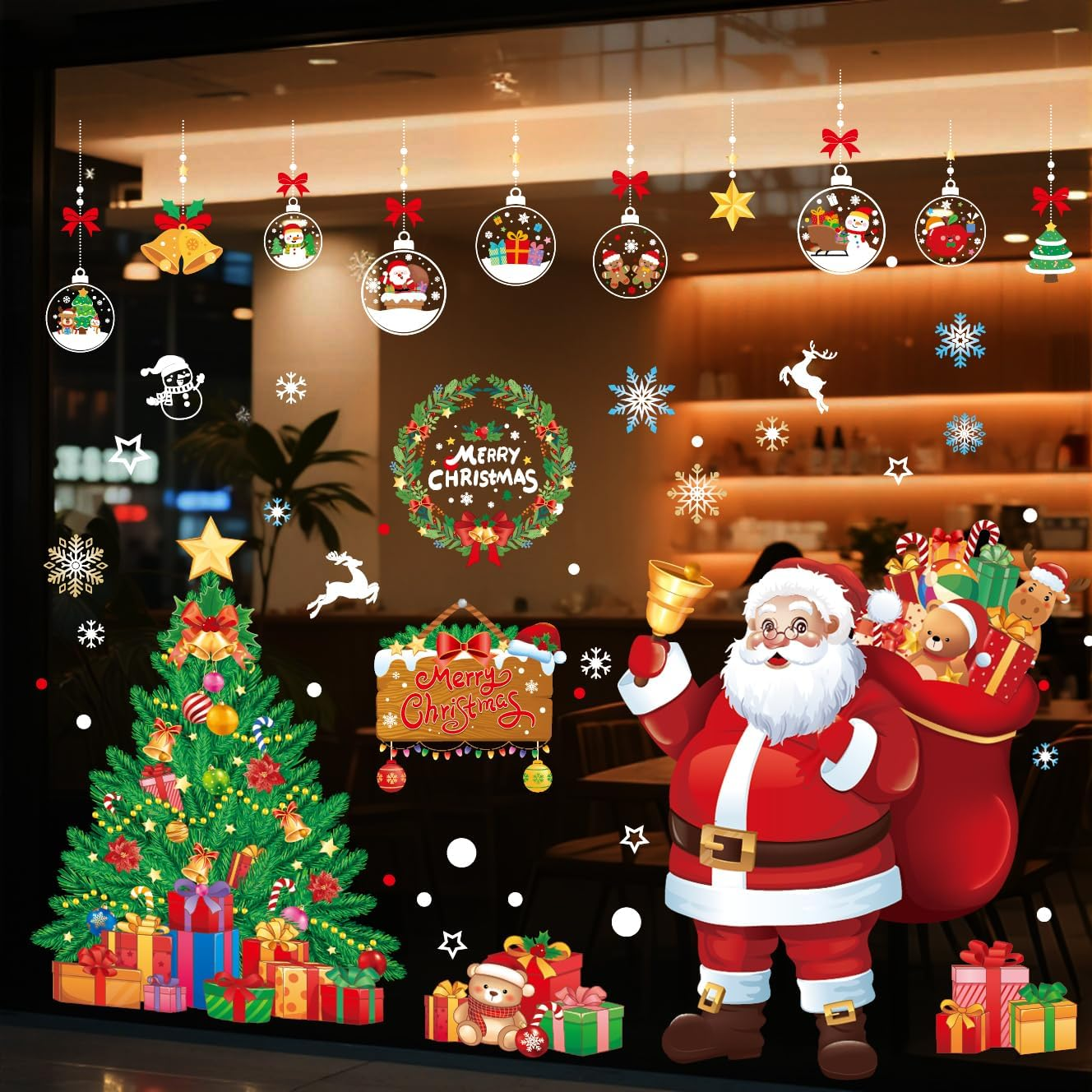 Christmas Decorations Window Clings Large Santa Claus Xmas Tree Snowflake Double Side Decals Ornament Display Window Wall Door Decor Reusable DIY Static Stickers image number 5