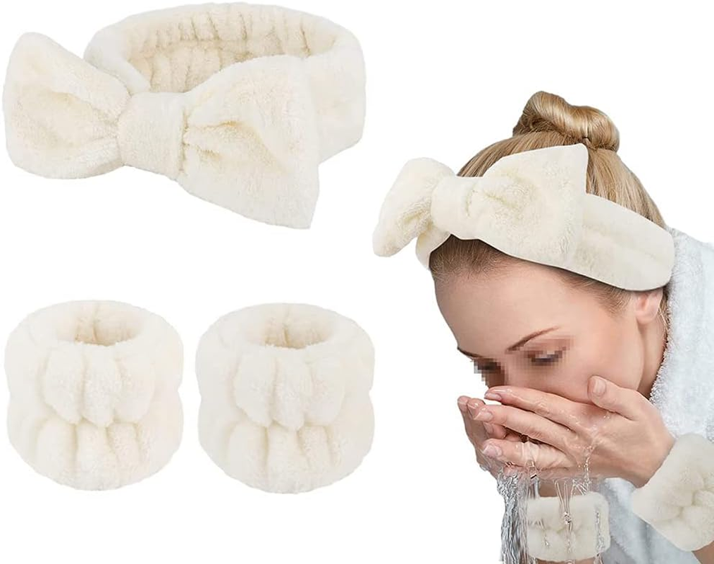 3 Piece Spa Headband and Bracelet Face Headband Wrist Wash Bands Set Soft Makeup Hair Band Fluffy Cosmetic Headband Grey image number 2