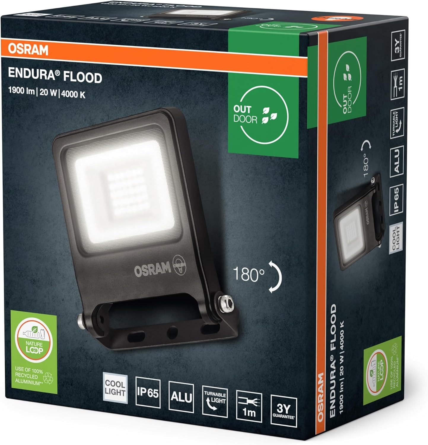 OSRAM ENDURA FLOOD PC LED Floodlight 20W, Cool White 4000K, 1800 Lumens, IP65 Outdoor Floodlight, Recycled Aluminum, 110&deg; Beam Angle image number 1