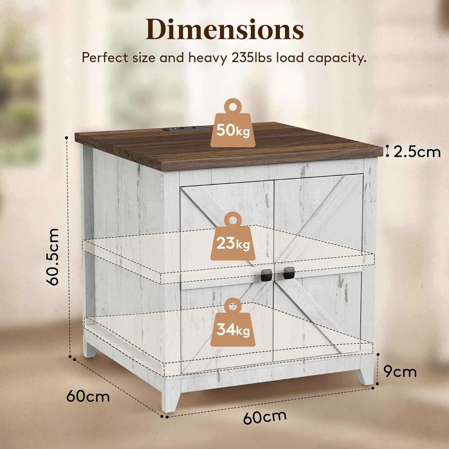 Lifewit Farmhouse End Table with Charging Station and USB Ports, 24" Large Tabletop Side Table with Double Barn Doors, Wood Square Nightstand for Living Room, Office, Bedroom, Rustic White image number 2