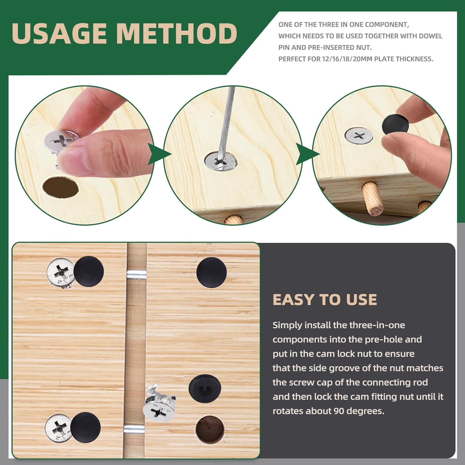 Keadic 120Pcs Furniture Connecting Cam Lock Fittings Assortment Kit with Plastic Screw Cover Caps, Joint Connector Nut Cabinet Connectors Hardware Bolts for Wardrobe Drawer Closets Bed image number 3