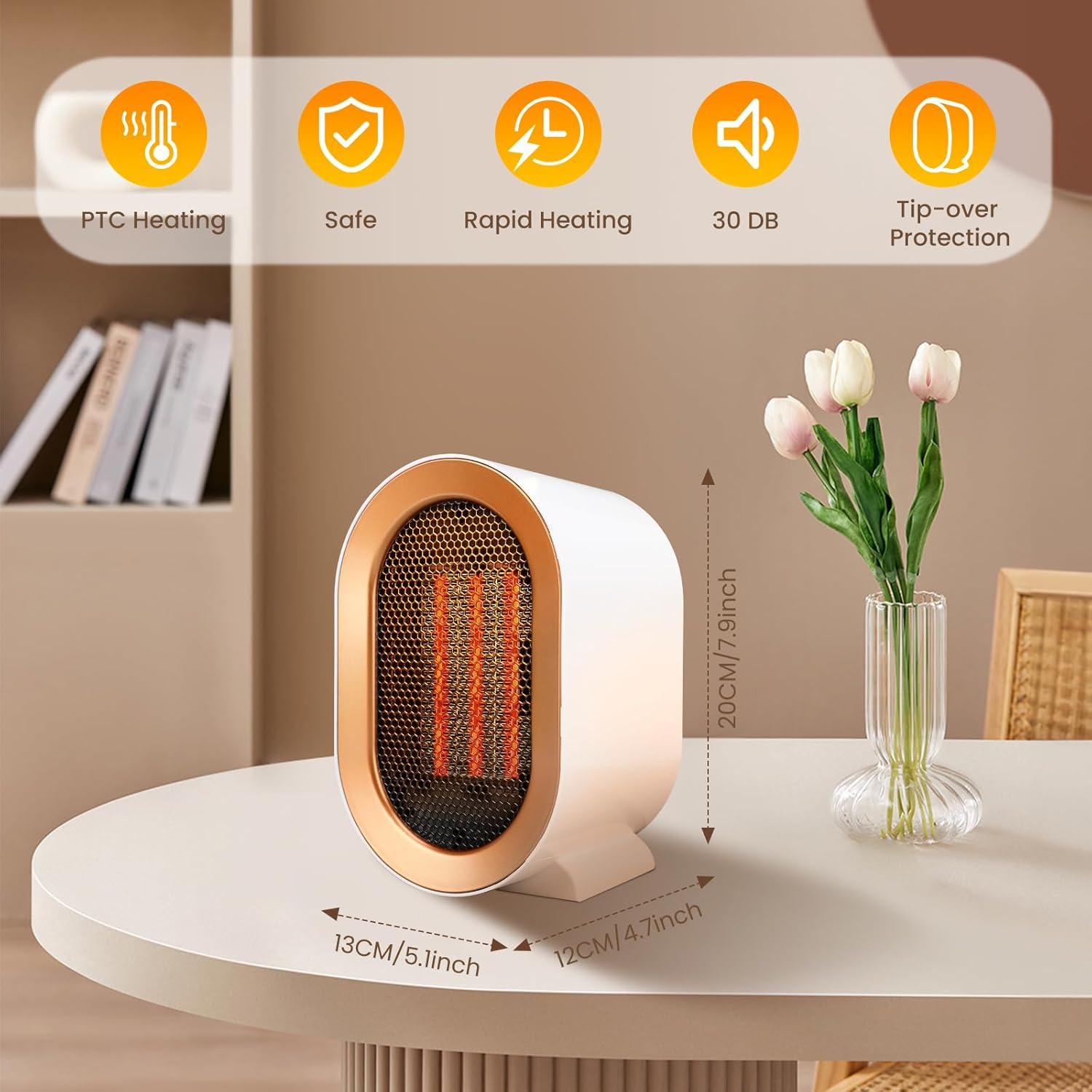 Space Heater for Indoor Use, Angkng 1200W Portable Heaters with Overheat, Tip-Over Protection， Small Electric Heater under Desk for Office, Portable Space Heater for Bedroom, Fast Heating for Room image number 6