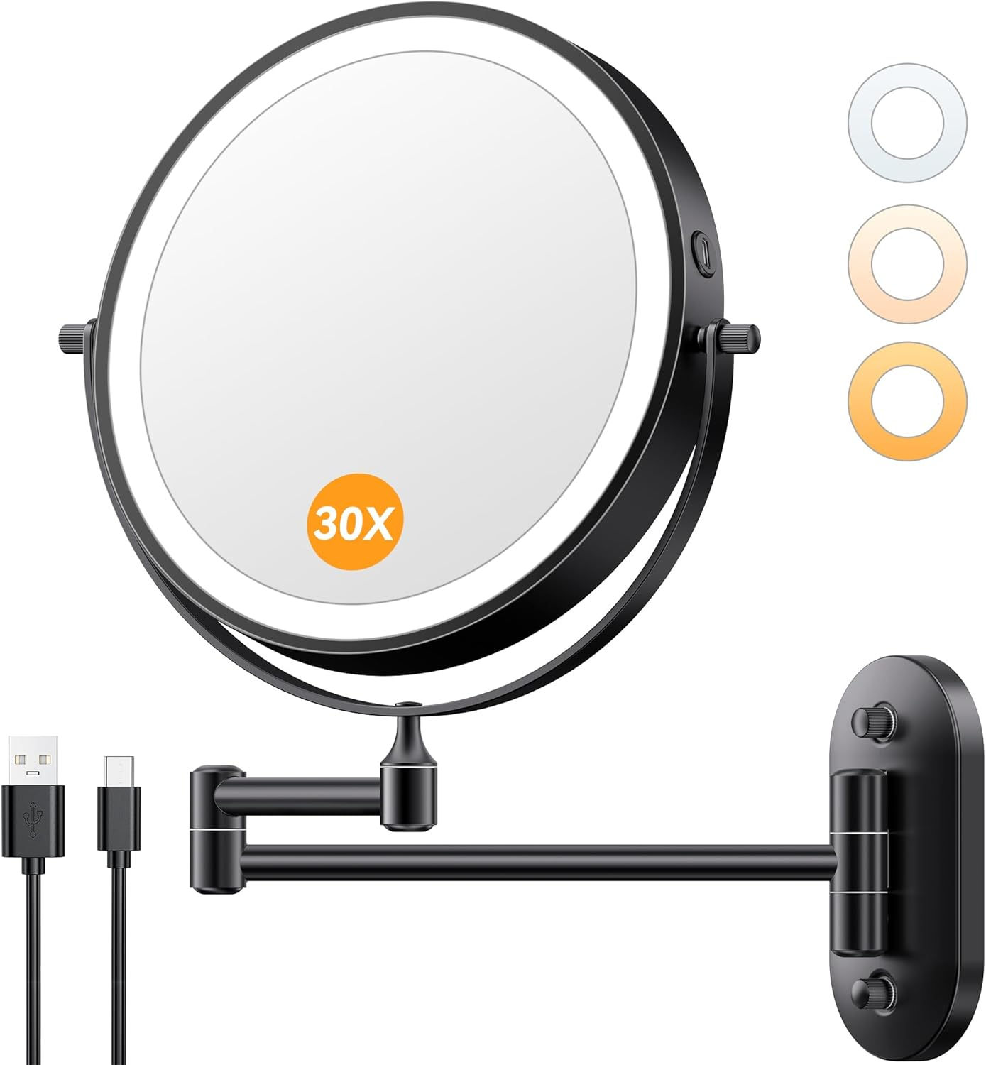 Auxmir 1X/30X Wall Mounted Lighted Makeup Mirror, 8" Rechargeable Double-Sided Magnifying Mirror with Light, Touch Dimmable 3 Color Light, 360&deg; Rotation Foldable Extended Arm, Black