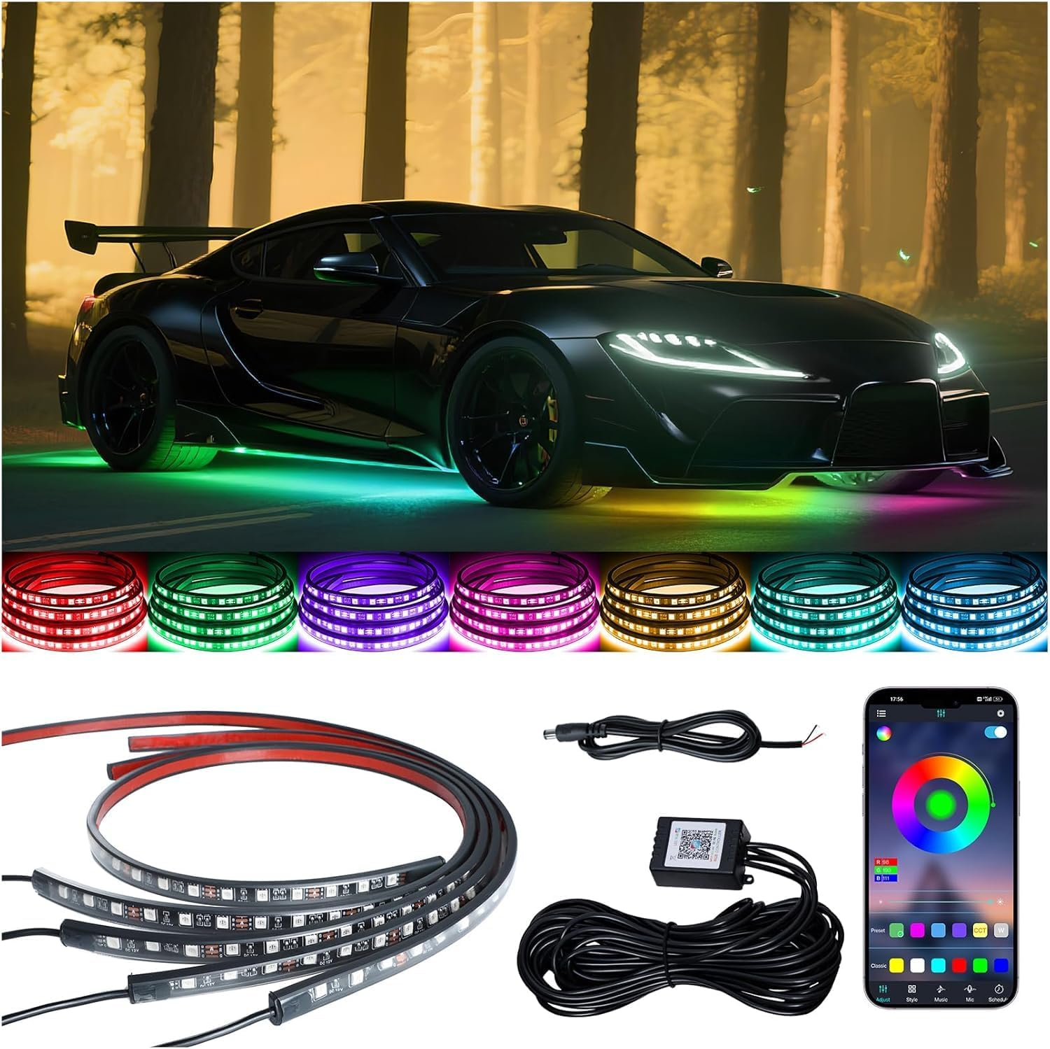 Underglow Light Strip RGB - 4PCS Car Neon Lights Kit with 252 Leds, Bluetooth APP Control, 8-Color RGB & Music Sync, Waterproof PVC Strips for Cars, Trucks, Suvs image number 3