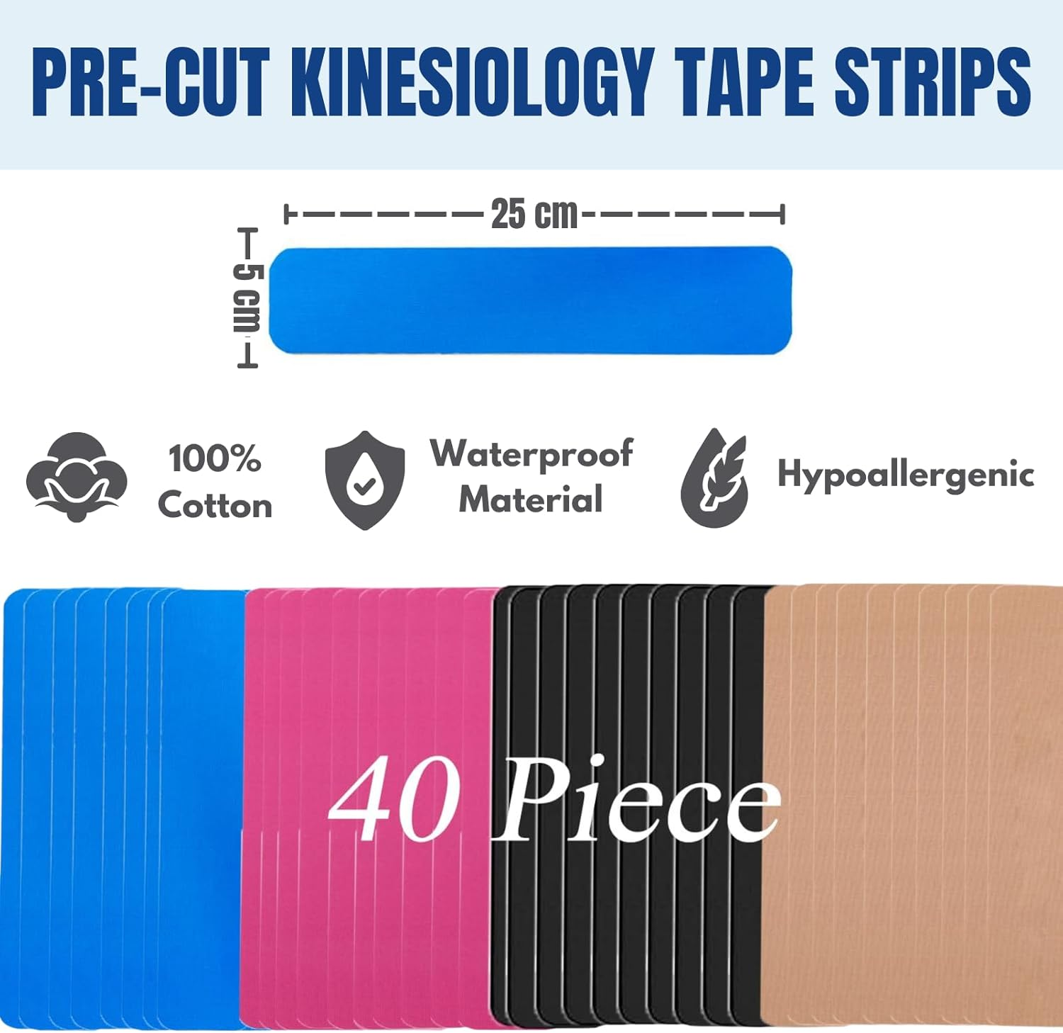 Kinesiology Tape 40 PCS Pre-Cut, JOMWEN Cotton Elastic Athletic Sports Tape Latex Free, Hypoallergenic Waterproof K Tape for Muscle Pain Relief, Joint Support, Physical Therapy (Mix-4 Color) image number 2