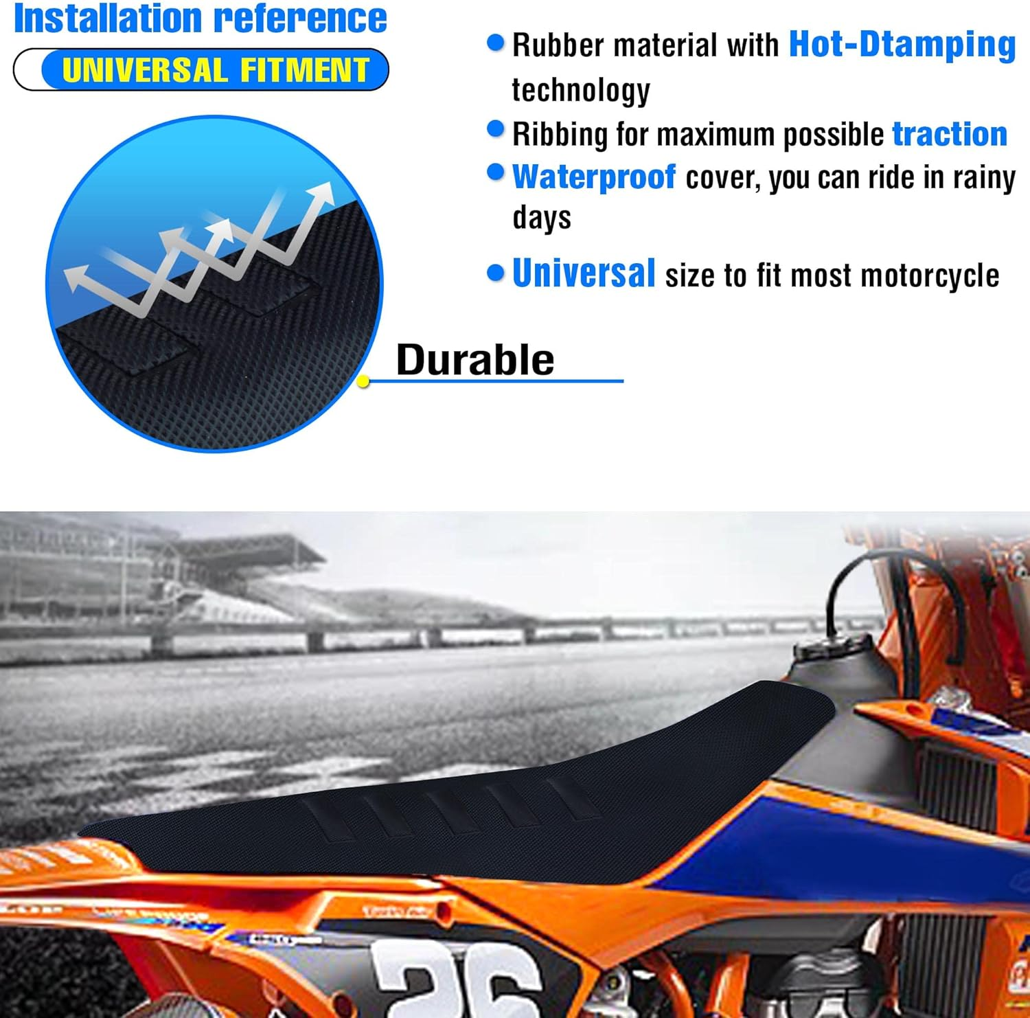 Universal Gripper Soft Seat Cover Diamond Texture for Motobike Dirt Motorcycle MX Cross Enduro Black - Black image number 2