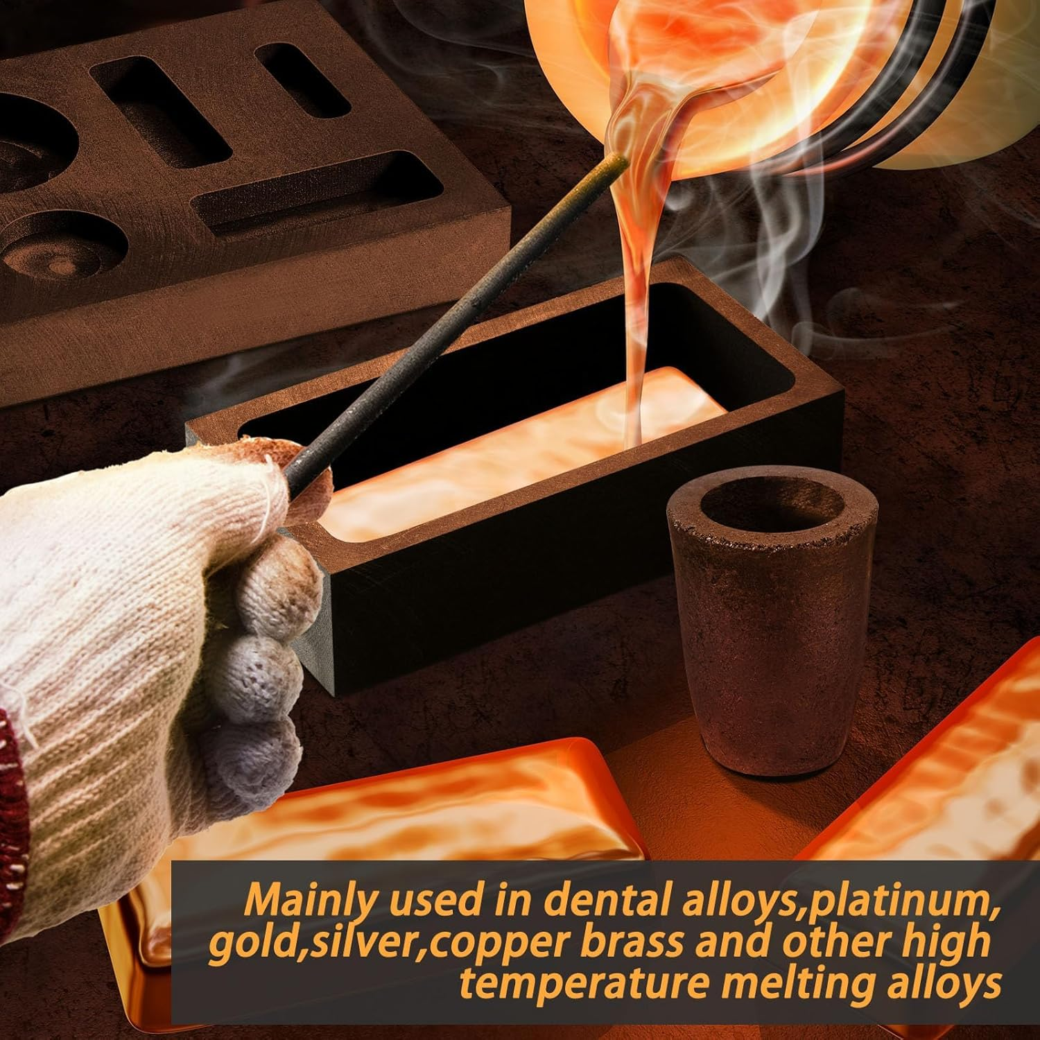 8 Pcs Graphite Crucible Ingot Mould Kit, Includes Crucible Tongs Gold Silver, and Copper Ingot Mold Stir Rod, for Metal Foundry Refining Jewelry Tool image number 2