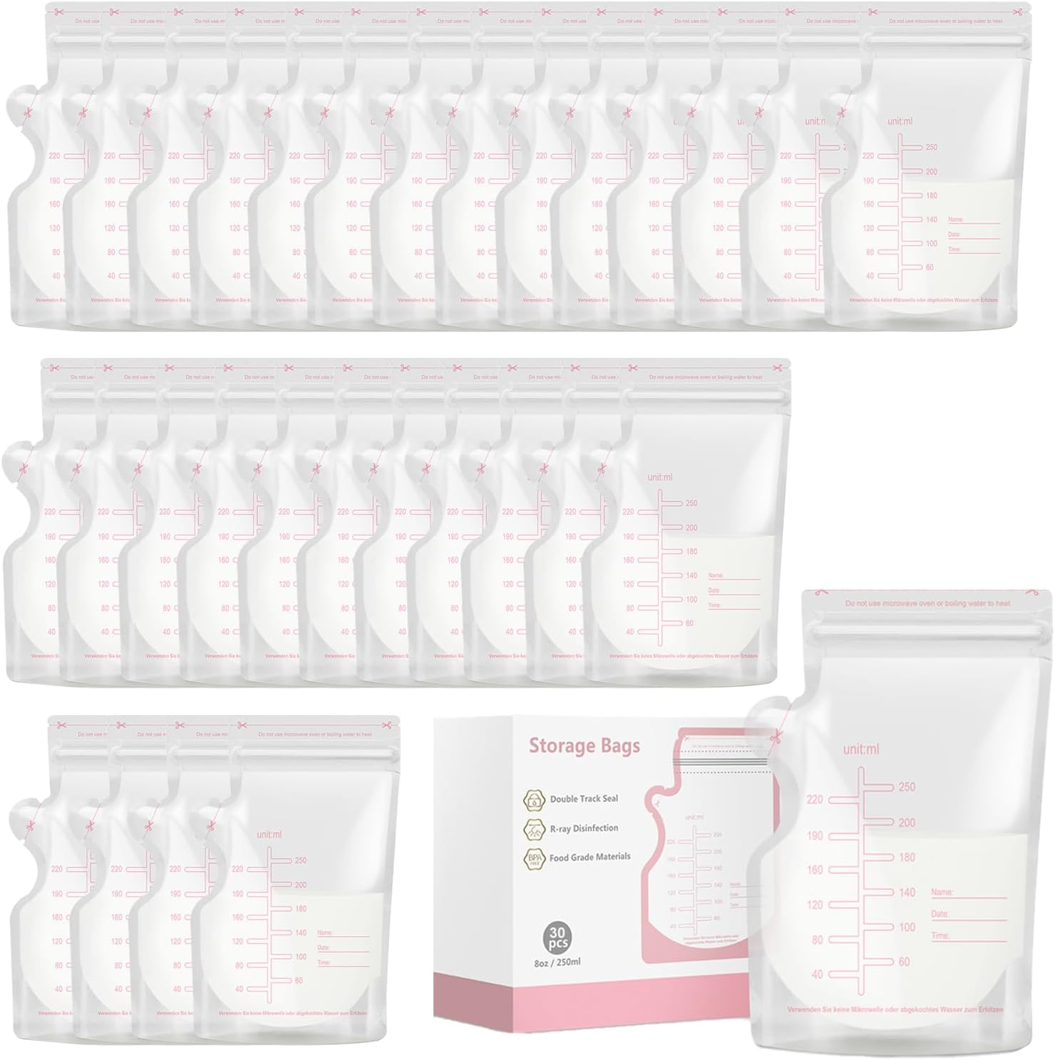 Breast Milk Sstorage Bag 30PCS, Breastmilk Storage Bags, Breastfeeding Disposable Milk Storage Bag, Disposable Milk Storage Bag with 8.8 Ounce Spout Type, No-Leak Milk Freezer Storage Pouche