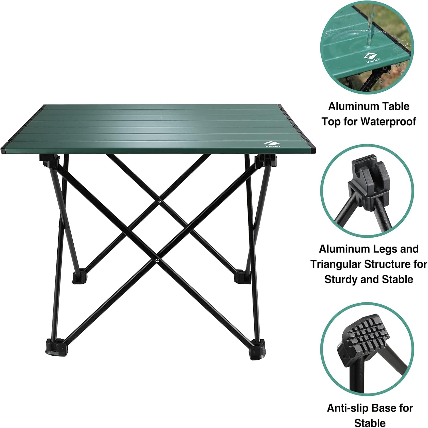 VILLEY Portable Camping Side Table, Ultralight Aluminum Folding Beach Table with Carry Bag for Outdoor Cooking, Picnic, Camp, Boat, Travel - Green image number 2