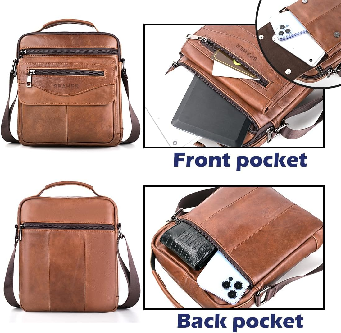 SPAHER Men'S Leather Handbag Shoulder Sling Crossbody Messenger Business Waterproof Travel Daily Bag with Adjustable Strap for Ipad 11 Inch - Deep Brown image number 2