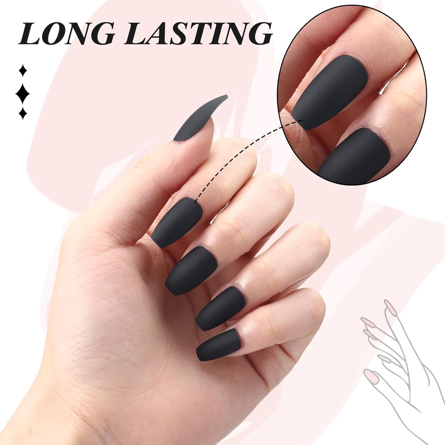 Blulu 48 Pcs Nails No Glue Press on Nails False Nails Short Black Coffin Press on Nails Full Cover Square False Nails Reusable Include 48 Nails 2 Nail Glue, 2 Nail Files and 2 Wooden Stick image number 4