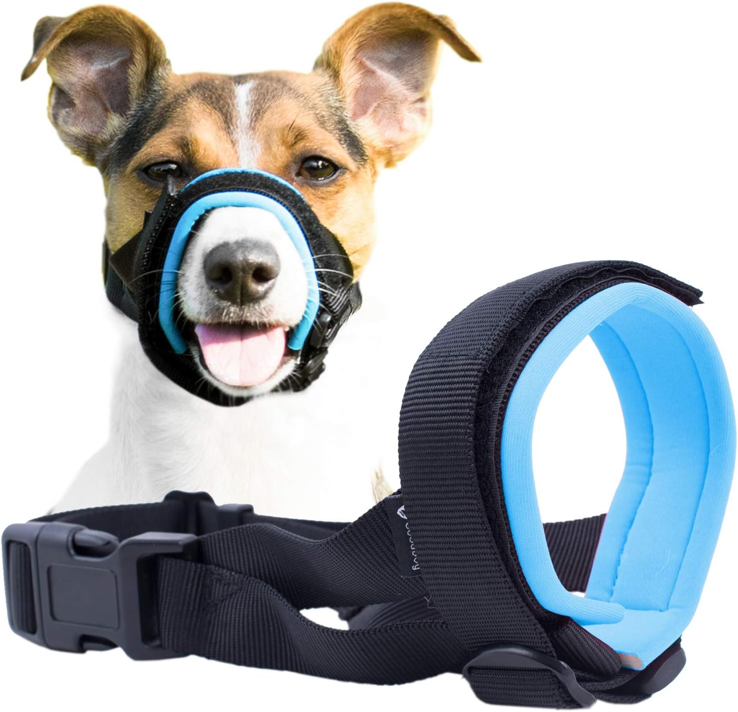 Gentle Muzzle Guard for Dogs - Prevents Biting and Unwanted Chewing Safely &ndash; New Secure Comfort Fit - Soft Neoprene Padding &ndash; No More Chafing &ndash; Training Guide Helps Build Bonds with Pet (M, Blue)