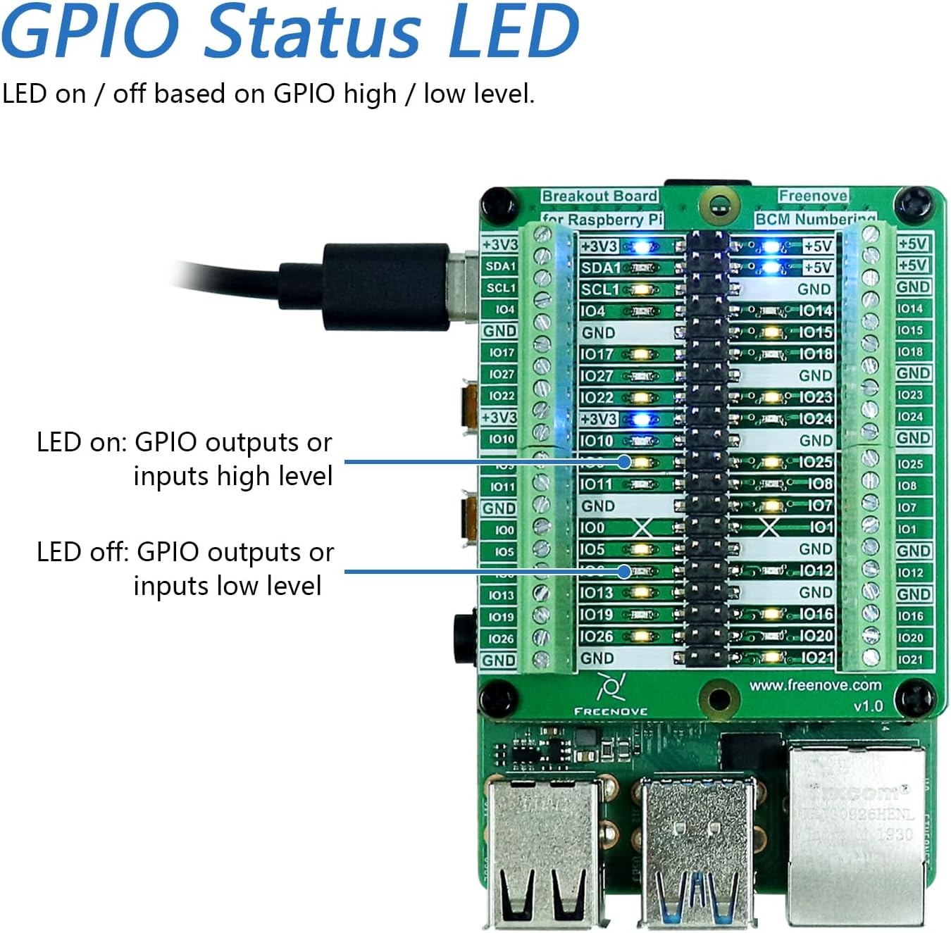 Freenove Breakout Board for Raspberry Pi 5 / 4B / 3B+ / 3B / 3A+ / 2B / 1B+ / 1A+ / Zero 2 W/Zero W/Zero, Terminal Block Shield HAT with Pin Header, GPIO Status LED image number 1
