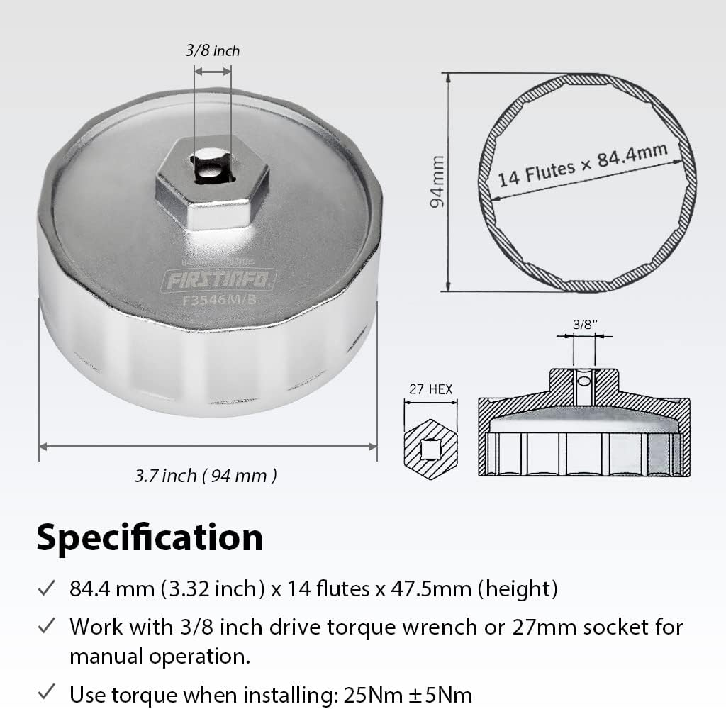 FIRSTINFO 3/8" Drive 84.4 Mm 14 Flutes Oil Filter Wrench for Mercedes-Benz Dodge & Jeep 3.0L Diesel Engines image number 2