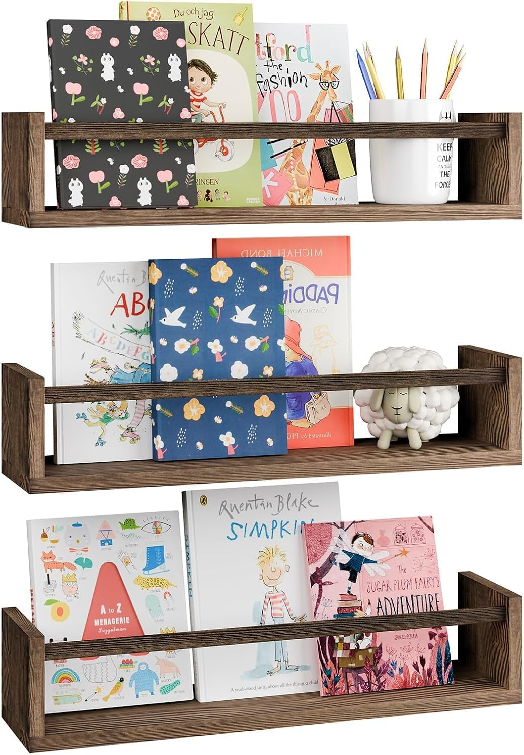 Floating Nursery Book Shelves, 3 Pack Wood Floating Shelves for Kids Room, Small Wood Book Shelf Wall Mounted for Baby Boys Girls, Toy and Decor Storage for Bedoom (Brown)