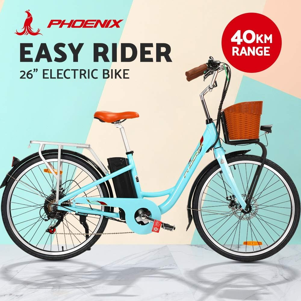 Phoenix Electric Bike, 26 Inch Ebike Mountain Road Electronic Bikes Electricbike Outdoor Adult Cycling Equipment, 6 Speed Powerful Brushless Motor Led Headlight Green Blue image number 1