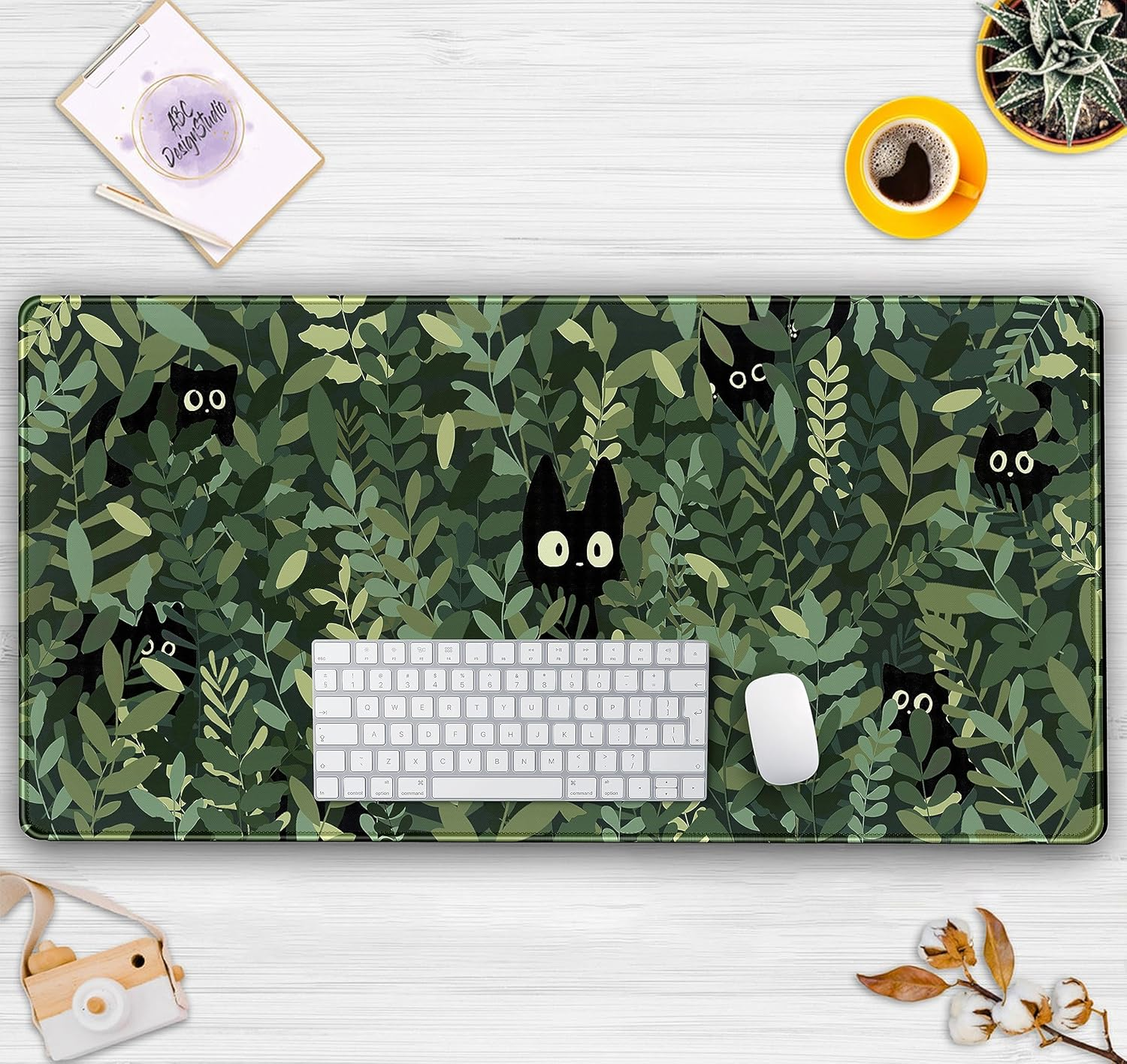 DCJJM Cute Anime Cats Desk Mat Green Leaves Kawaii Mousepad XXL Extended Large Gaming Mouse Pad Cat, Aesthetic Laptop Keyboard for Women Office Gamer Girl D&eacute;cor, 31.5X15.75X0.12 in (DMXC08) image number 3
