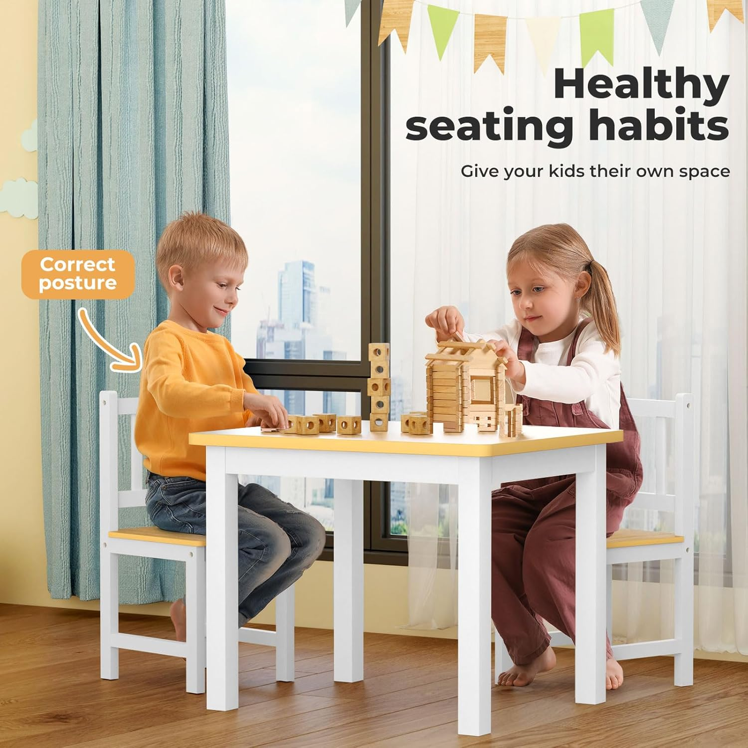 Bopeep Kids Table and 2 Chairs Set, Pine Wooden Study Play Desk Children Activity, Reading, Arts, Crafts, Snack Time, Homework, Playroom, Furniture Set for Daycare Playroom, Boys & Girls, 3 Pieces Set
