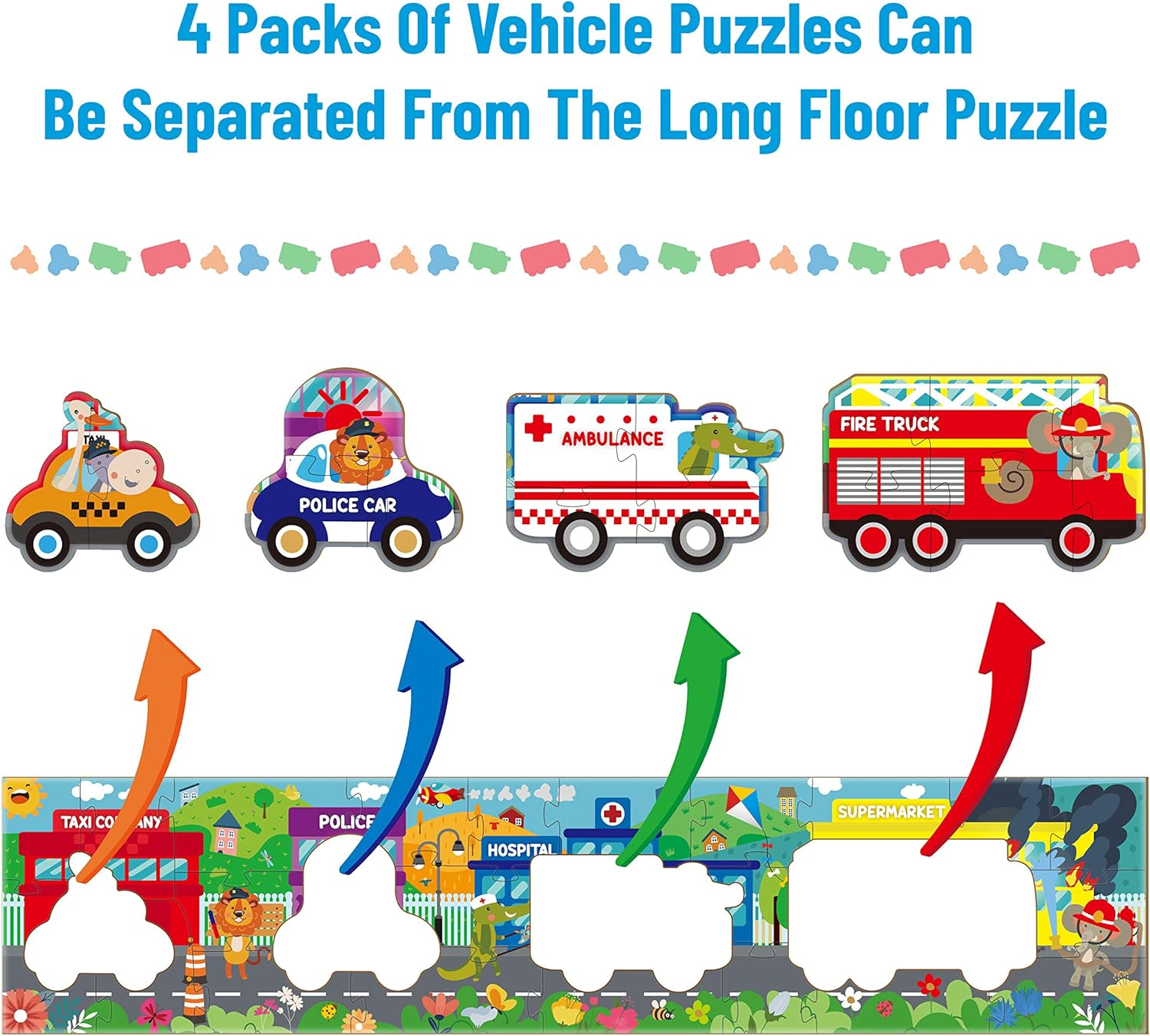 Kidepoch Transportation Floor Puzzles for Kids Ages 3-5, 36 Pieces Jumbo Puzzles for Kids Ages 4-8, Cute Animals & Rescue Vehicles, Great for Learning and Fun, 37&rdquo; X 8.2&rdquo; with Storage Box image number 3