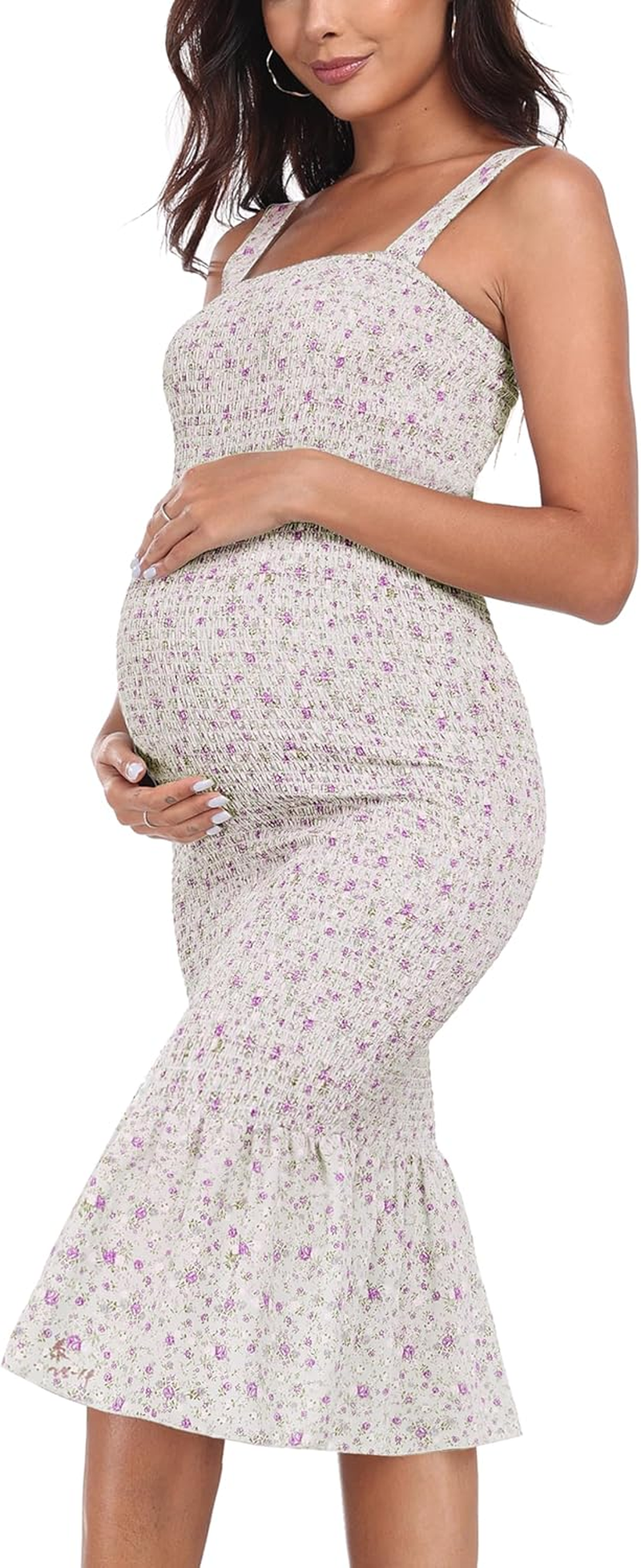Summer Tank Maternity Dress Sleeveless Strappy Floral Midi Bodycon Square Neck Ruffle Mermaid Smocked Dress for Baby Shower, Beige Purple Floal, Medium image number 4