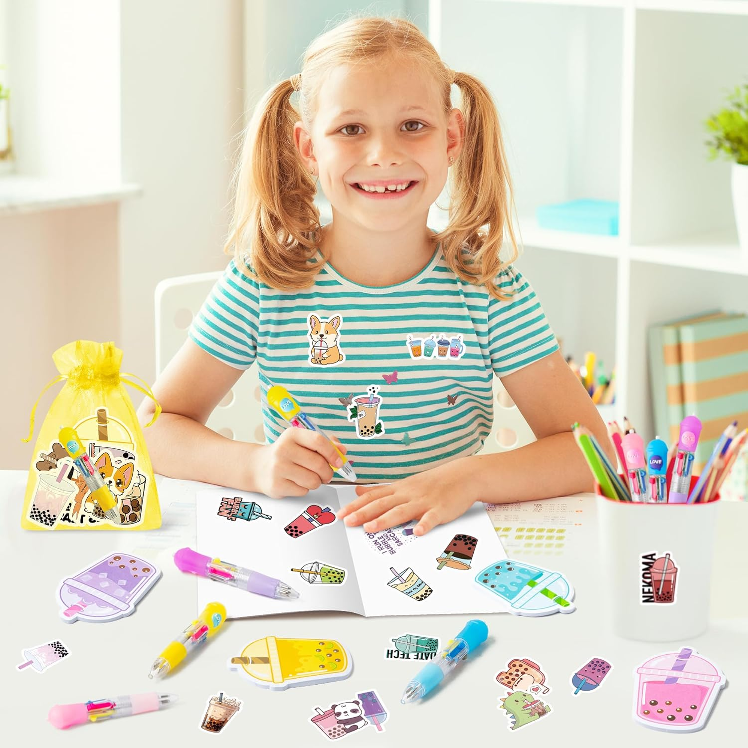 CY2SIDE Bubble Tea Stationery Party Gift - 24 Pack Boba Milk Tea Prizes Set Include 4-In-1 Ballpoint Pens Sticky Note Sticker and Organza, Birthday Party Favor Goodie Bag Fillers for School Rewards image number 3