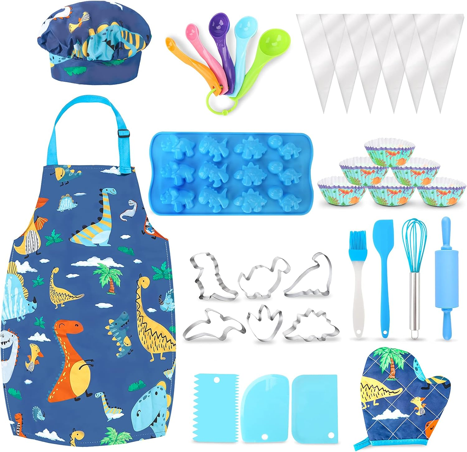 Aoskie Dinosaur Chef Toy Set, Kids Baking Set with Apron, Hat, Molds & Bags, Ages 3-8, Unisex