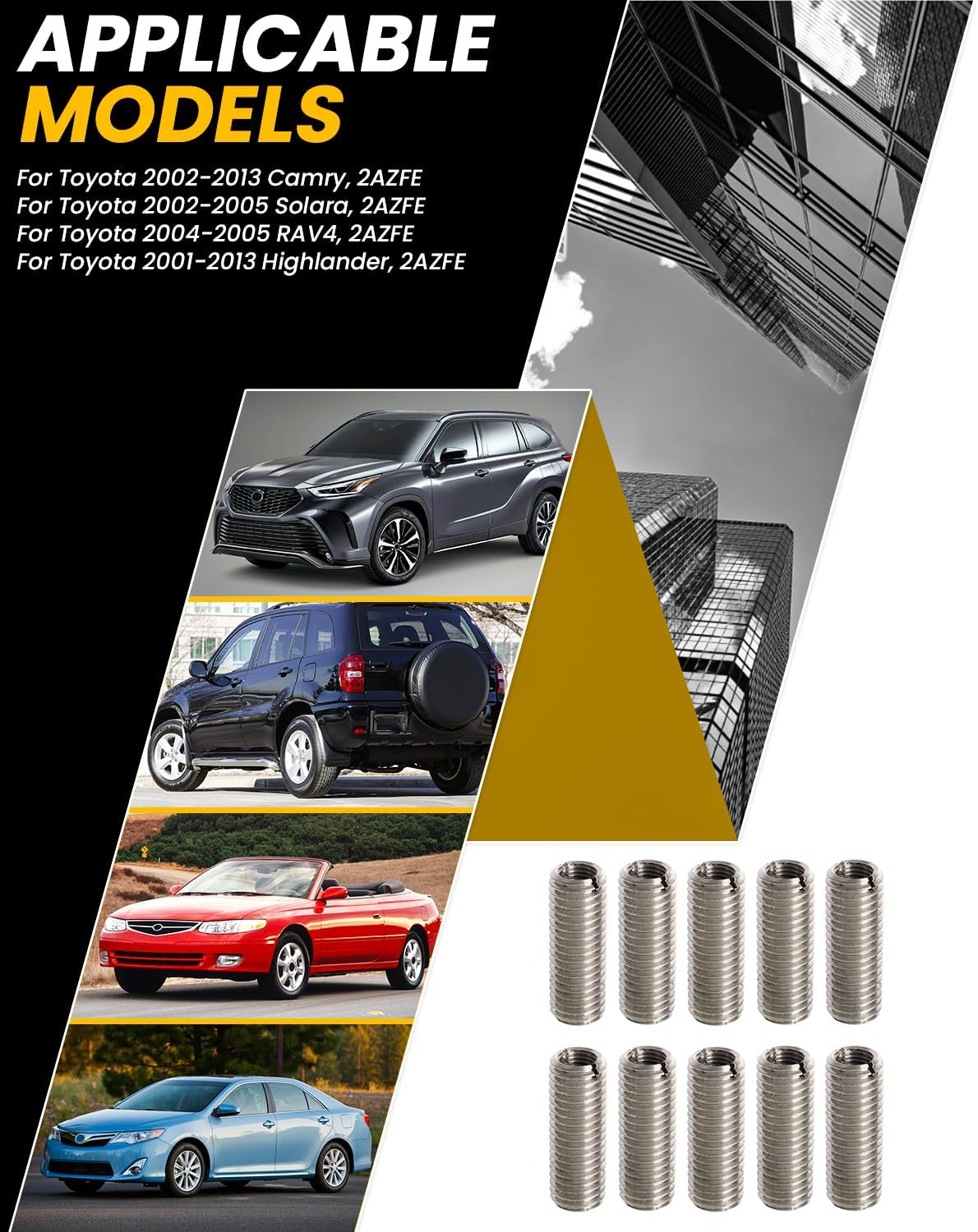 Foruly 10PCS Head Bolt Thread Inserts Kit M11 X 1.5 for Toyota Camry 2002-2013, Solara 2002 2003 2004 2005, RAV4 2004 2005, Highlander 2001-2013 2AZFE Stainless Steel image number 3