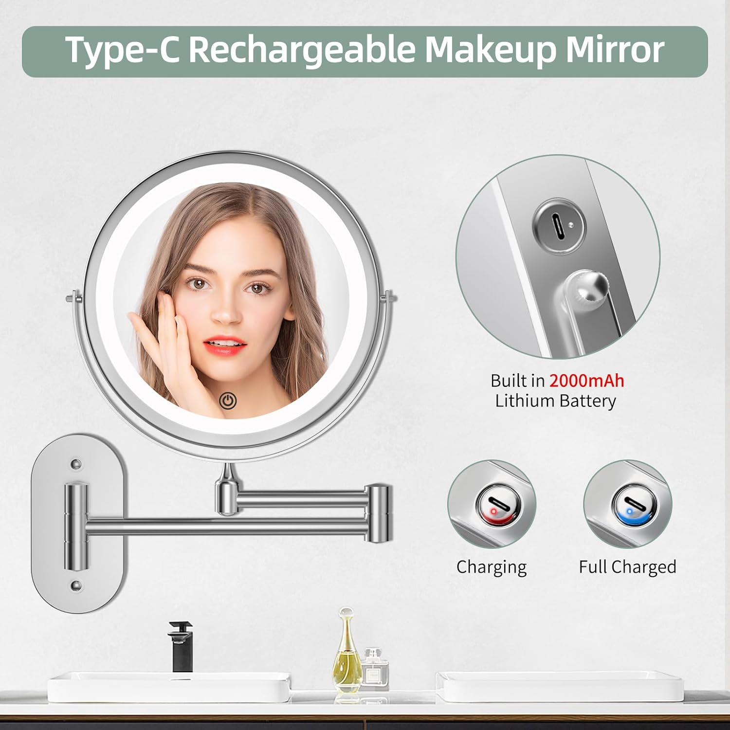 Rechargeable Wall Mounted Lighted Makeup Vanity Mirror 8 Inch 1X/10X Magnifying Bathroom Mirror with 3 Color Lights, Double Sided with Dimmable LED Lights, Extended Arm 360&deg; Swivel Extension Mirror - Siliver With 7X Magnification image number 7