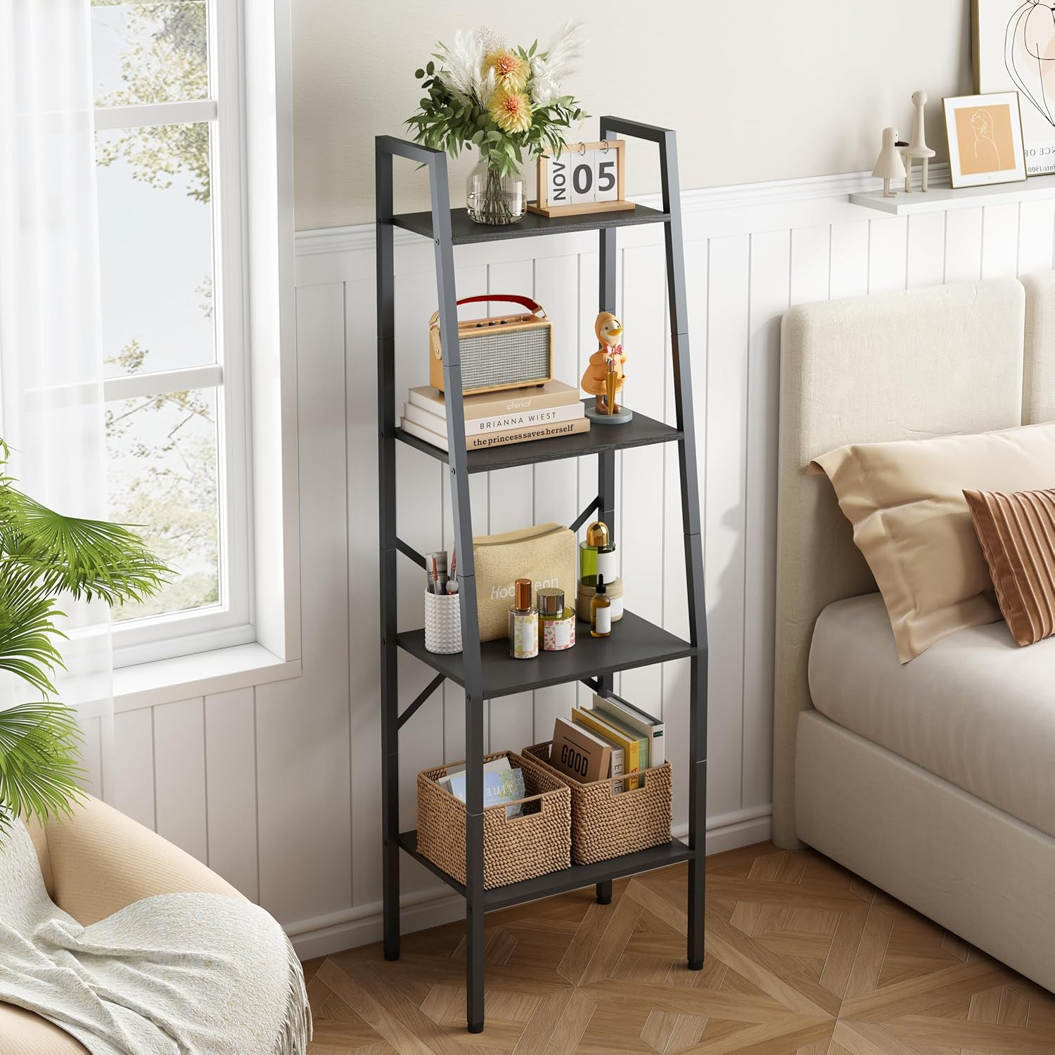 Hoctieon Ladder Shelf Bookcase, 4-Tier Ladder Bookshelf, Tall Bookshelf with Metal Frame, Industrial Bookshelf Ladder, for Living Room, Kitchen, Home Office, Bedroom, Simple Assembly, Black image number 5