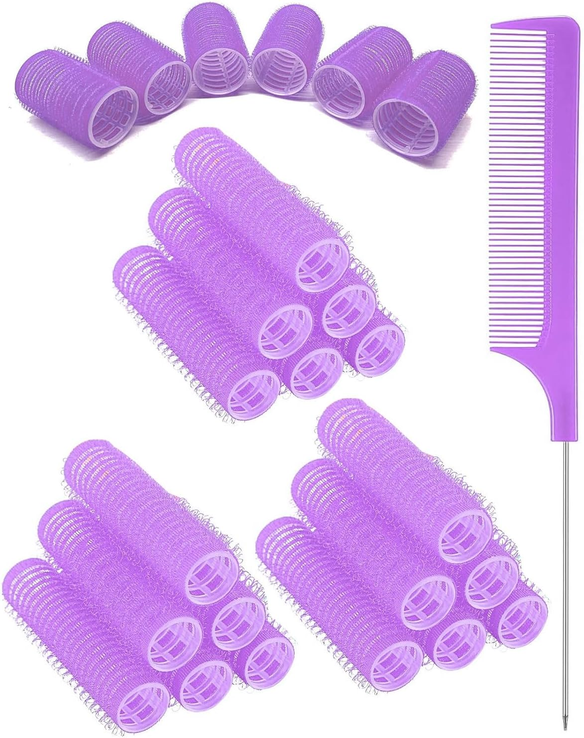 TPZORJX 37 Pieces Manual Hair Rollers Self Adhesive Hair Rollers for Salons, Barber Shops, Rat Tail Combs, DIY Curlers with Steel Needle Tip Comb (Purple) image number 3