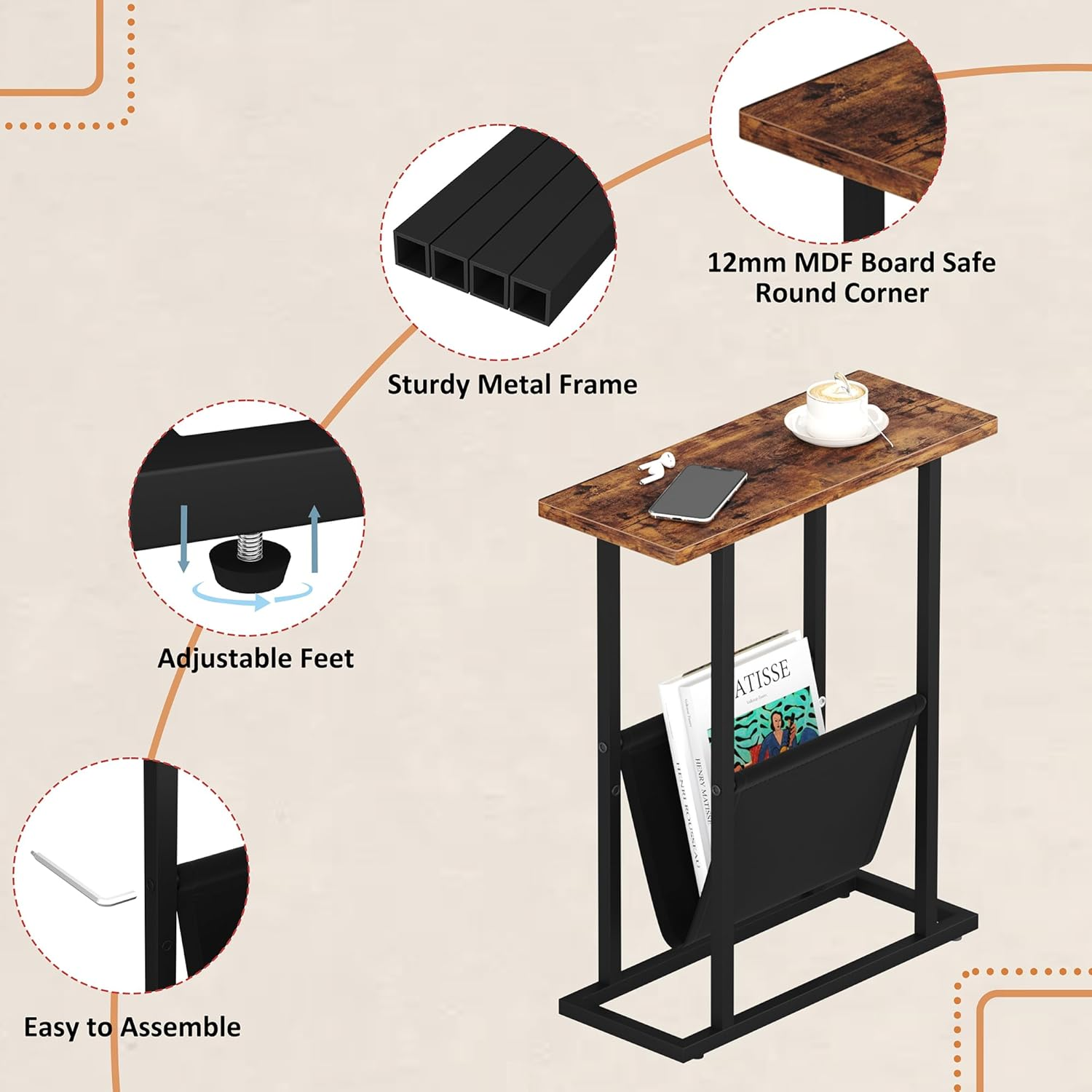 HOMEFORT Narrow End Table with Magazine Holder Slim Side Table for Living Room, Bedroom, Sofa Small Spaces, Rustic Brown image number 2