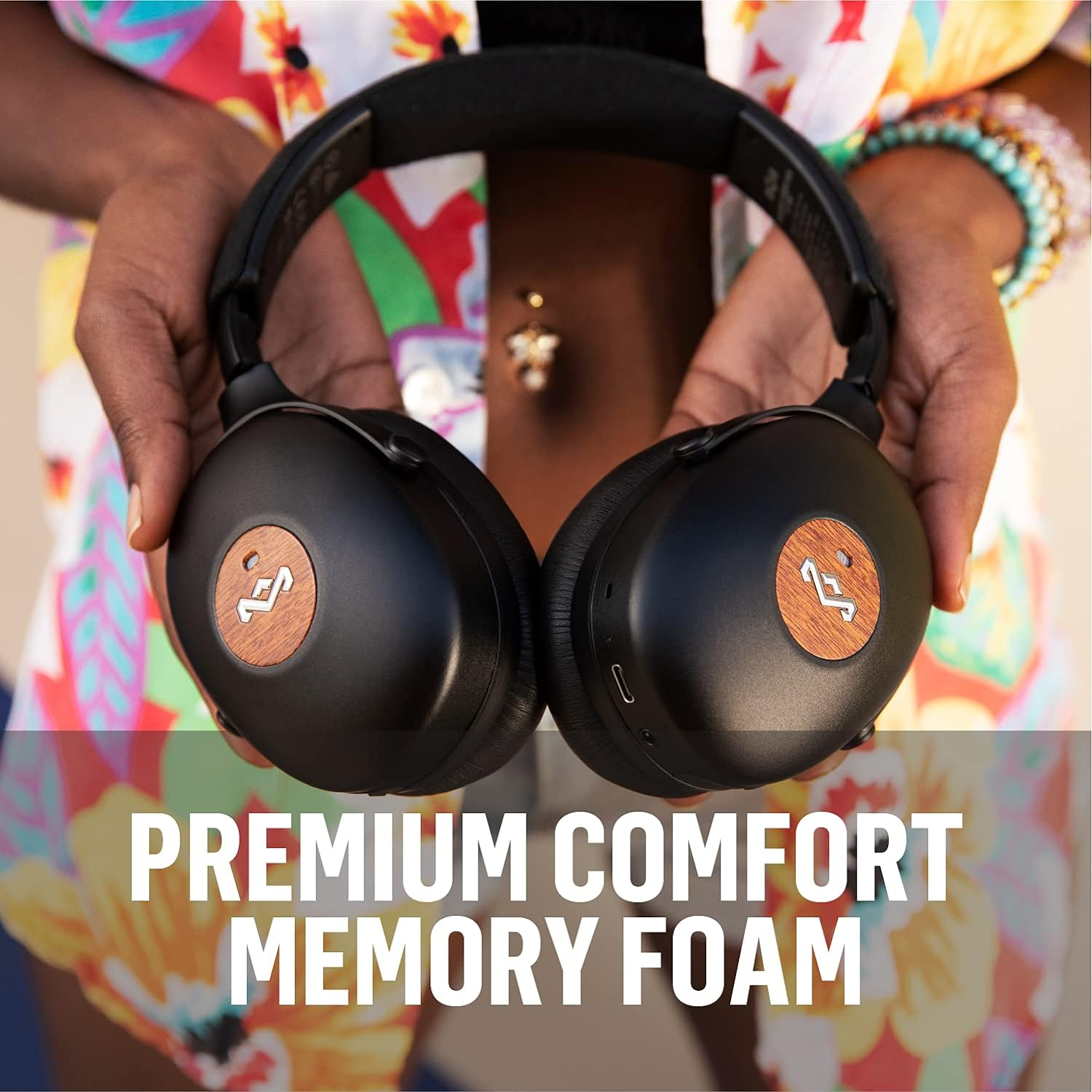 House of Marley Positive Vibration XL ANC: Noise Cancelling Over-Ear Headphones with Microphone, Wireless Bluetooth Connectivity, and 26 Hours of Playtime