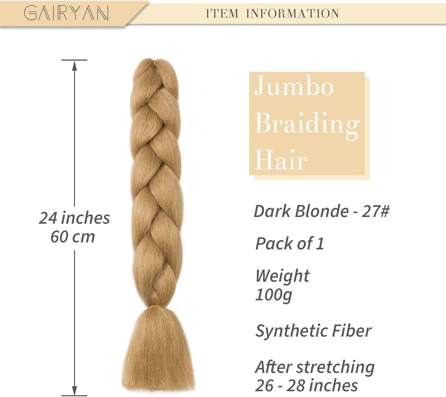 Gairyan Braids Extensions Braiding Extensions Synthetic Hair for Braiding 1 Piece 100 G 24 Inches Jumbo Braiding Hair Ombre Synthetic Box Braid Hair Extensions Braids Afro for Crochet Twist (Dark Blonde) image number 6