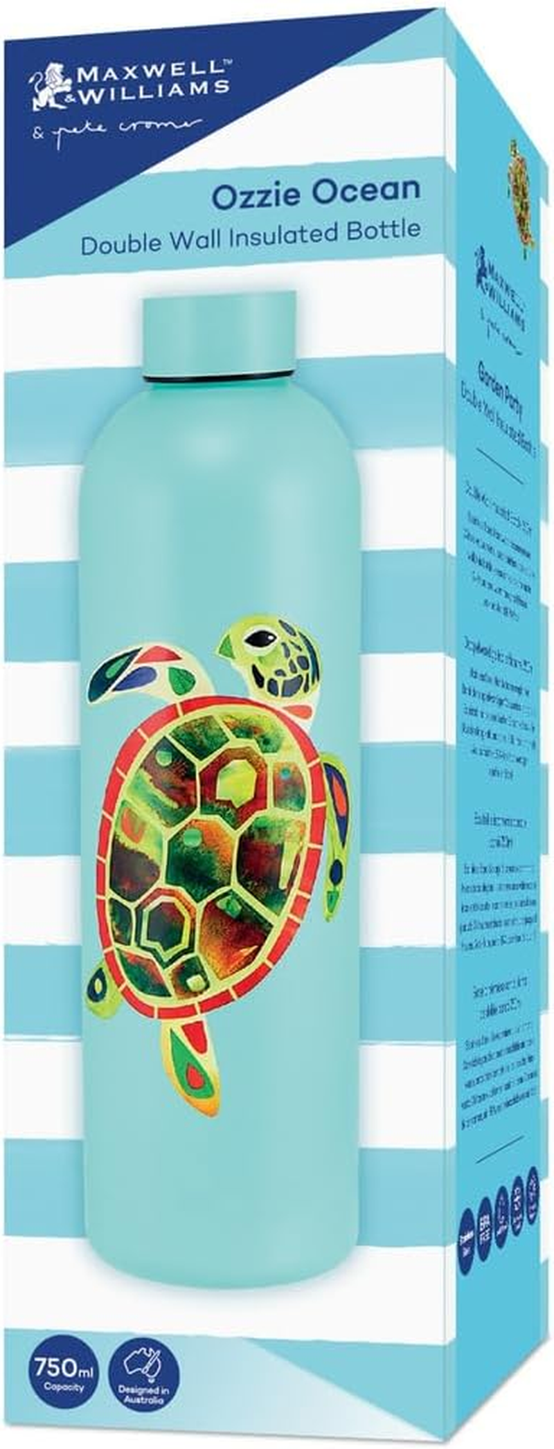 Maxwell & Williams Pete Cromer Ozzie Ocean Double Wall Insulated Bottle 750ML Green Turtle Gift Boxed - Mint image number 2