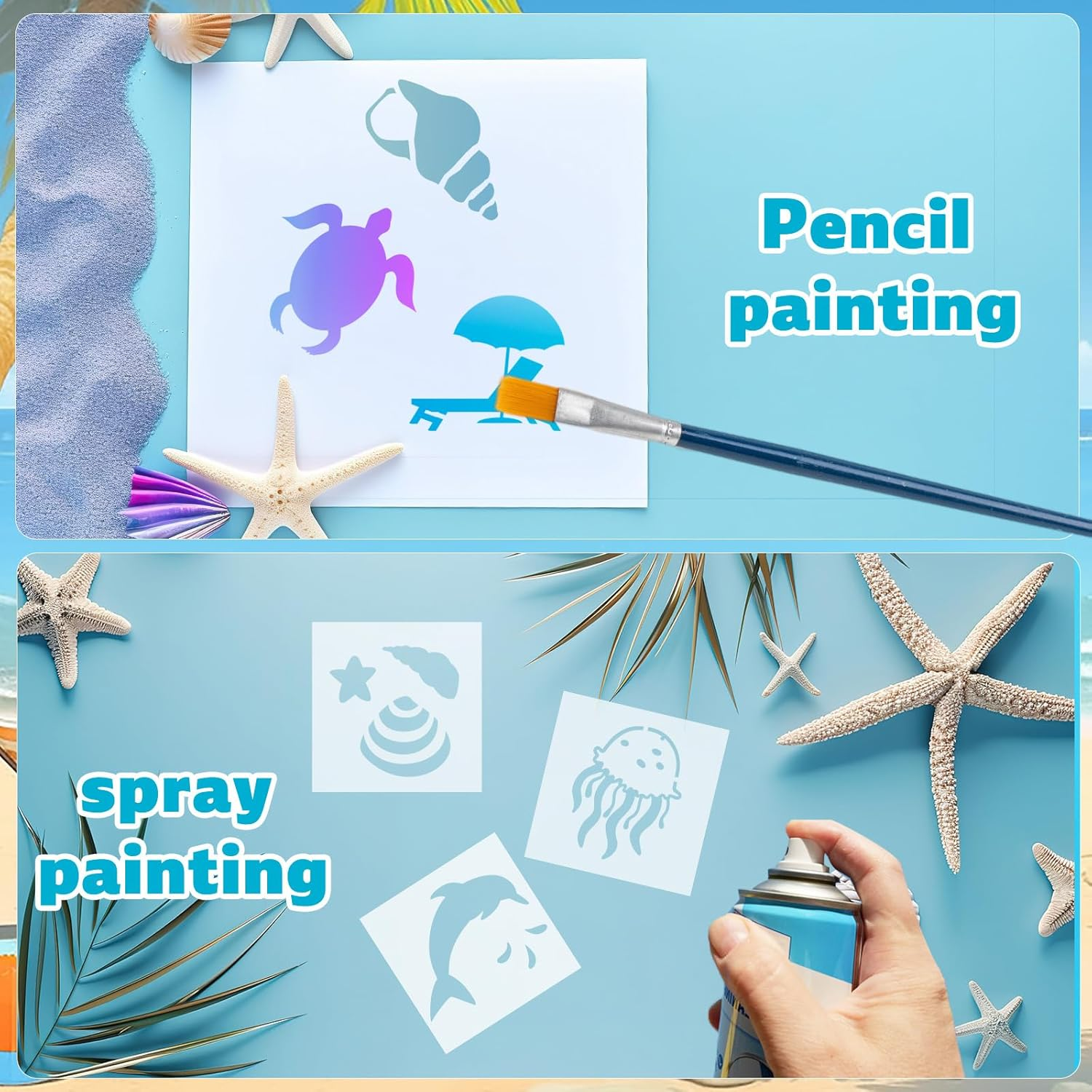 70Pcs Ocean Stencils for Painting, 3X3In Plastic Sea Life and Beach Stencils Ocean Creatures Palm Tree Patterns for Wood Canvas Rocks & DIY Crafts image number 3