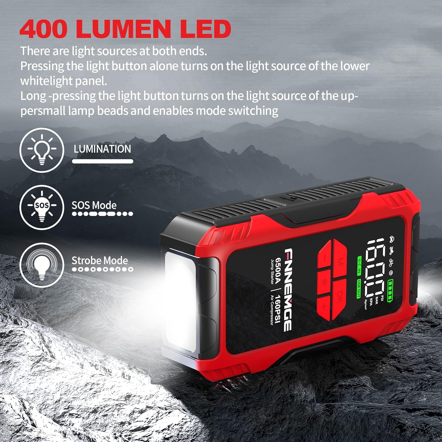 FNNEMGE 6500A Jump Starter with Air Compressor, 26800Mah Car Battery Jumper Starter Portable 12V(For All Gas/10.0L Diesel), 160PSI Tire Inflator, with USB Output,2 LED Light,Hd Large Screen. image number 6