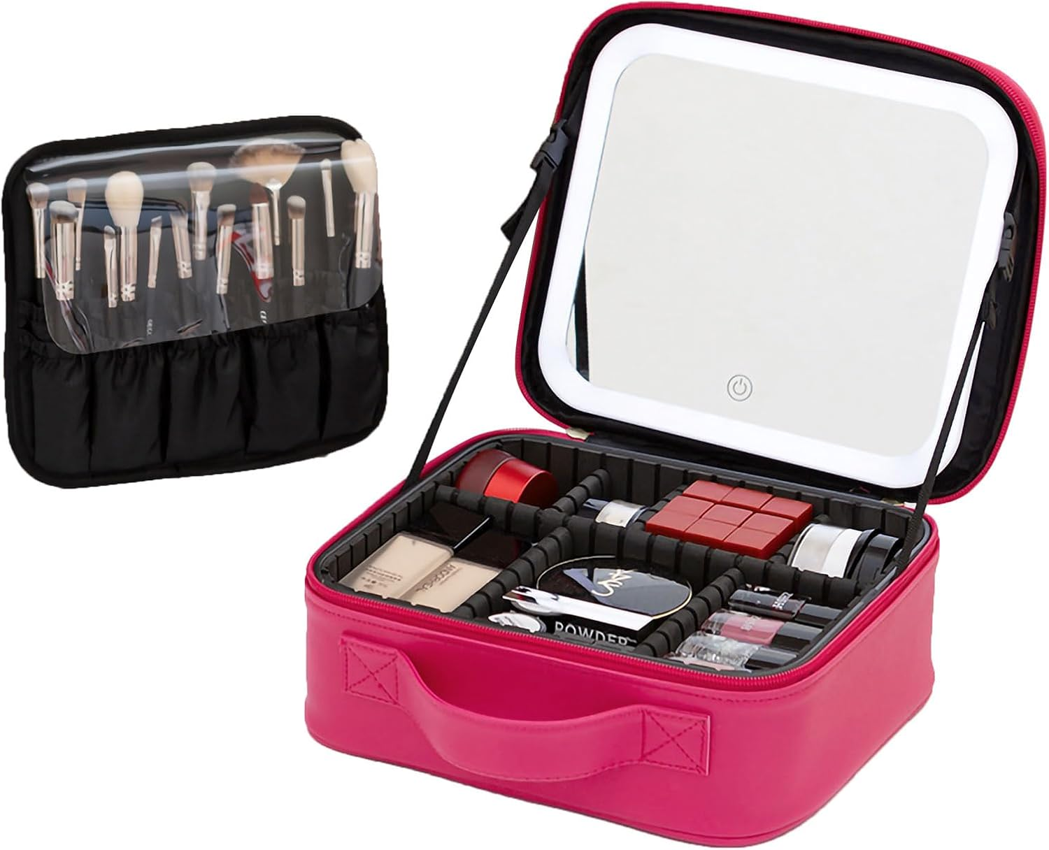 Travel Cosmetic Case with LED with Mirror 3 Color Adjustable, Waterproof Cosmetic Case Dresser Rechargeable, Travel Cosmetic Bag for Business Trip，Cosmetics Organizer. (Rose). image number 2