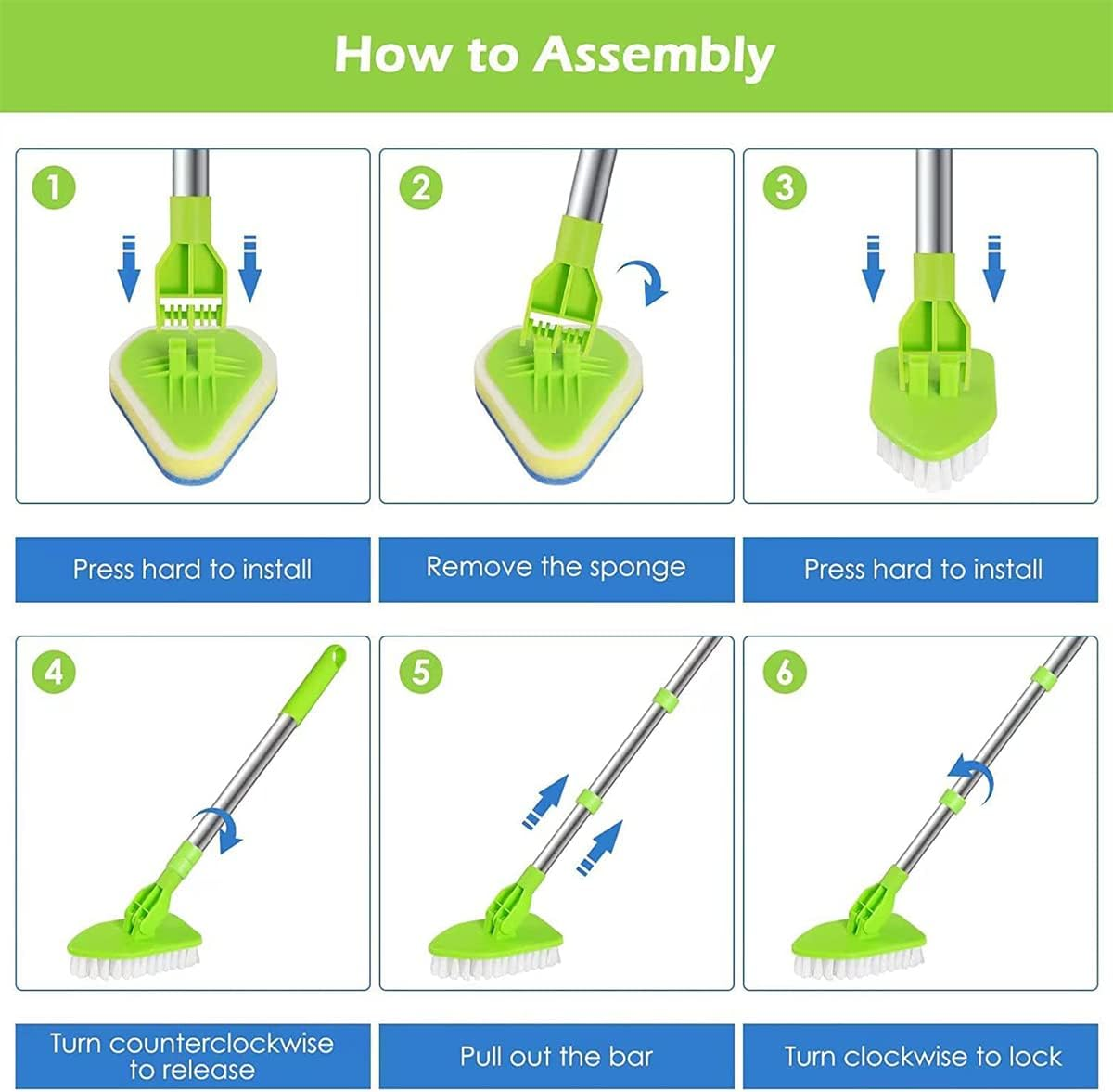 Shower Cleaning Brush, 3 in 1 Scrub Cleaning Brush with Extendable Long Handle Rotatable Cleaning Mop Tub Tile Scrubber Brush with 1 Stiff Bristles and 1 Sponge Brush Head for Bathroom Tub Shower image number 6