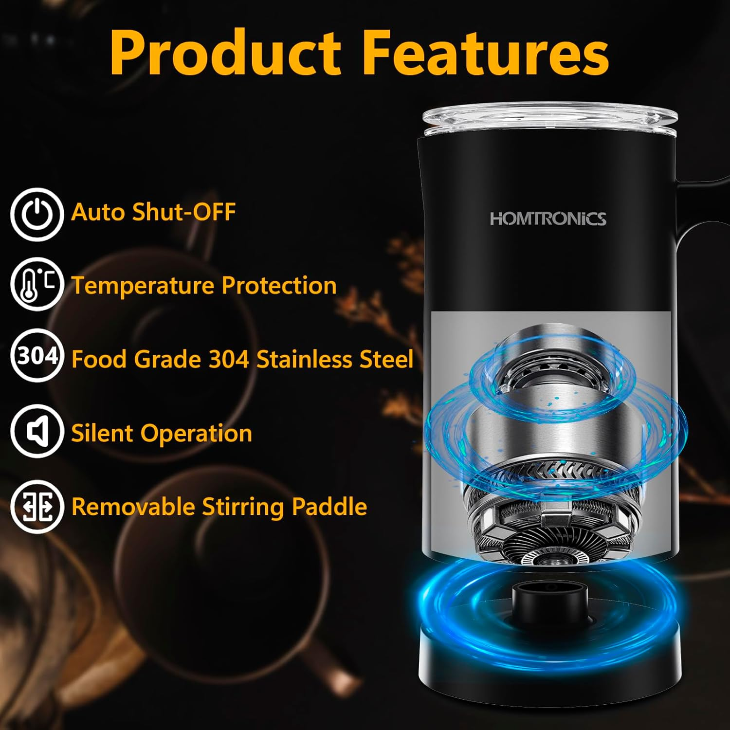 Milk Frother, [New Upgrade] 14.54Oz/430Ml Homtronics 4 in 1 Electric Milk Frother, Automatic Coffee Steamer Frother, Cold & Hot Foam Maker for Frothing Milk, Latte, Cappuccino, Macchiato-Black image number 6