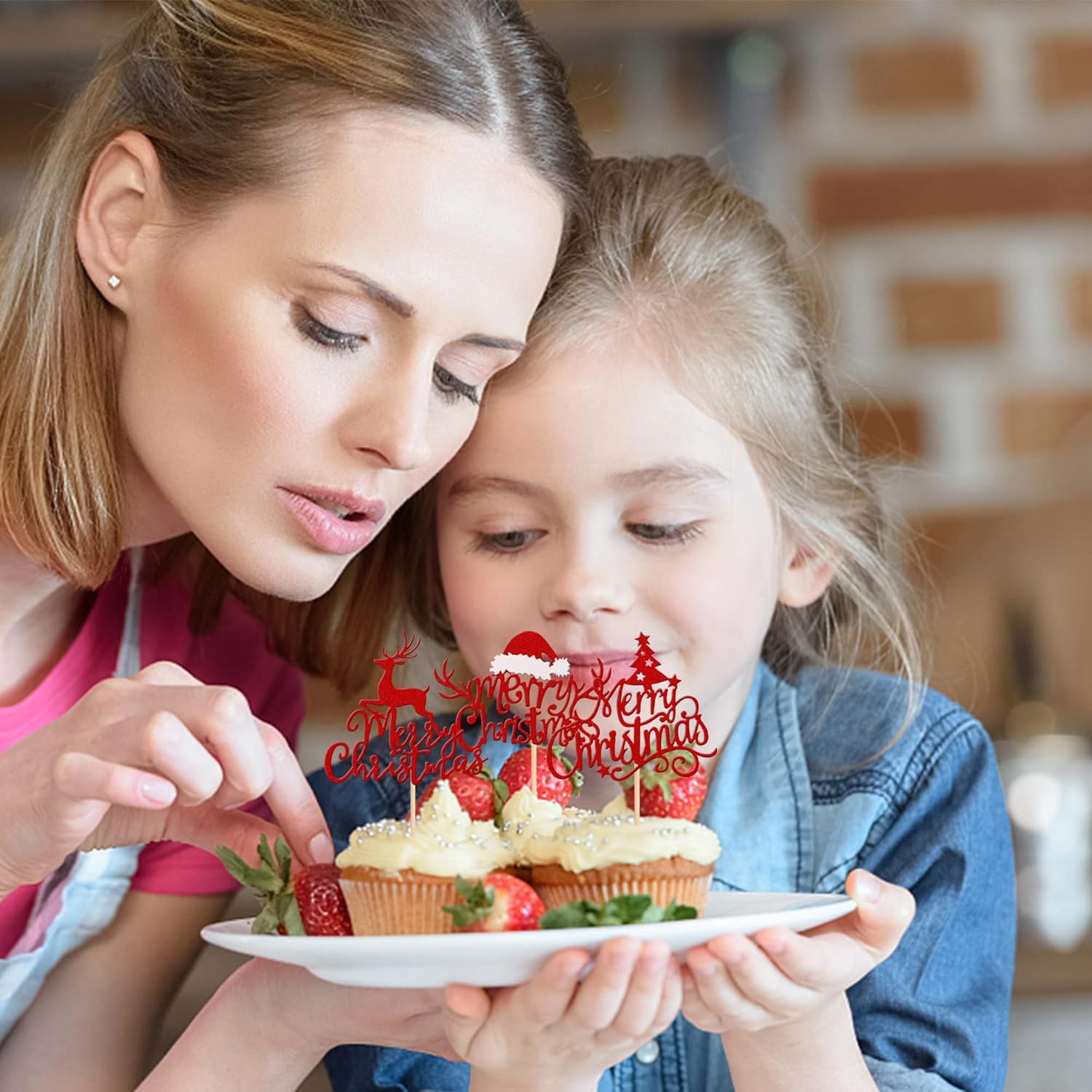 24 Pack Merry Christmas Cupcake Toppers Glitter Xmas Tree Santa Hat Deer Christmas Cupcake Picks Decoration for Winter Christmas Theme Xmas Holiday Birthday Party Supplies Red image number 5