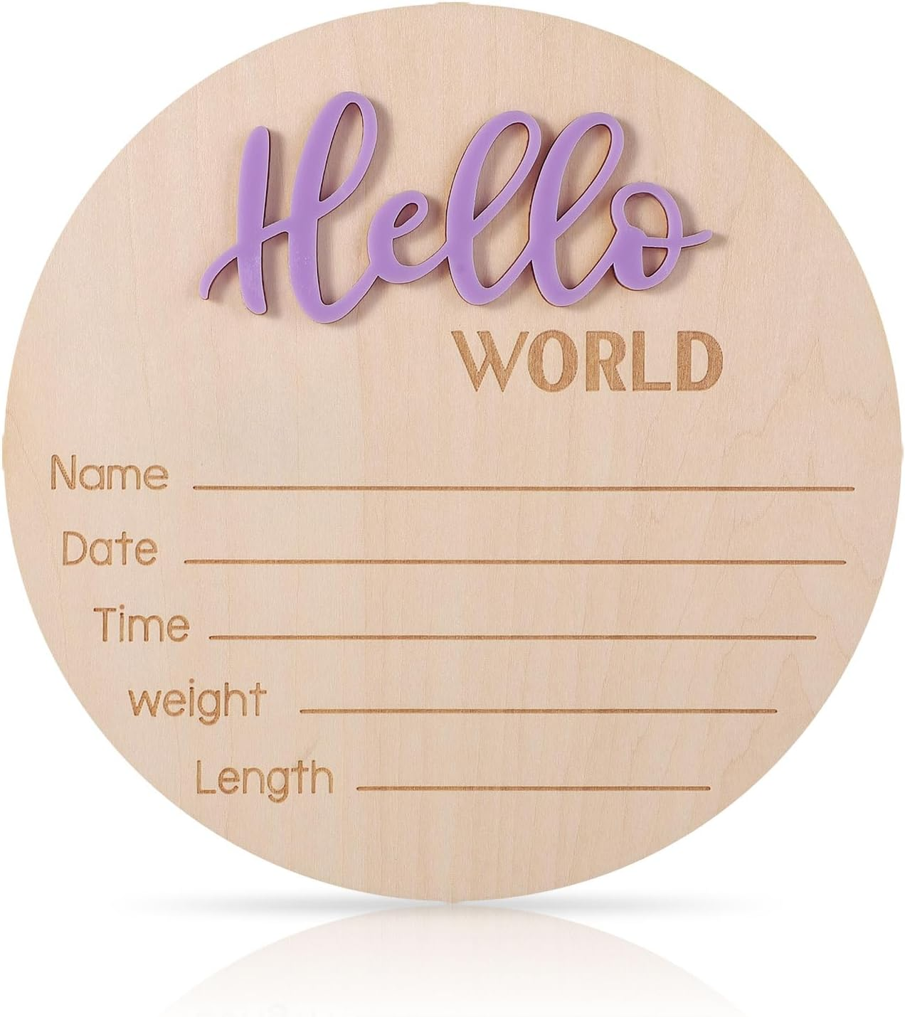 Newborn Announcement Sign, 5.9In Wooden Hello World Sign Baby Welcome Sign Birth Baby Name Plaques for Newborn Boys and Girls Photo Props Baby Shower Hospital Nursery (Light Purple)