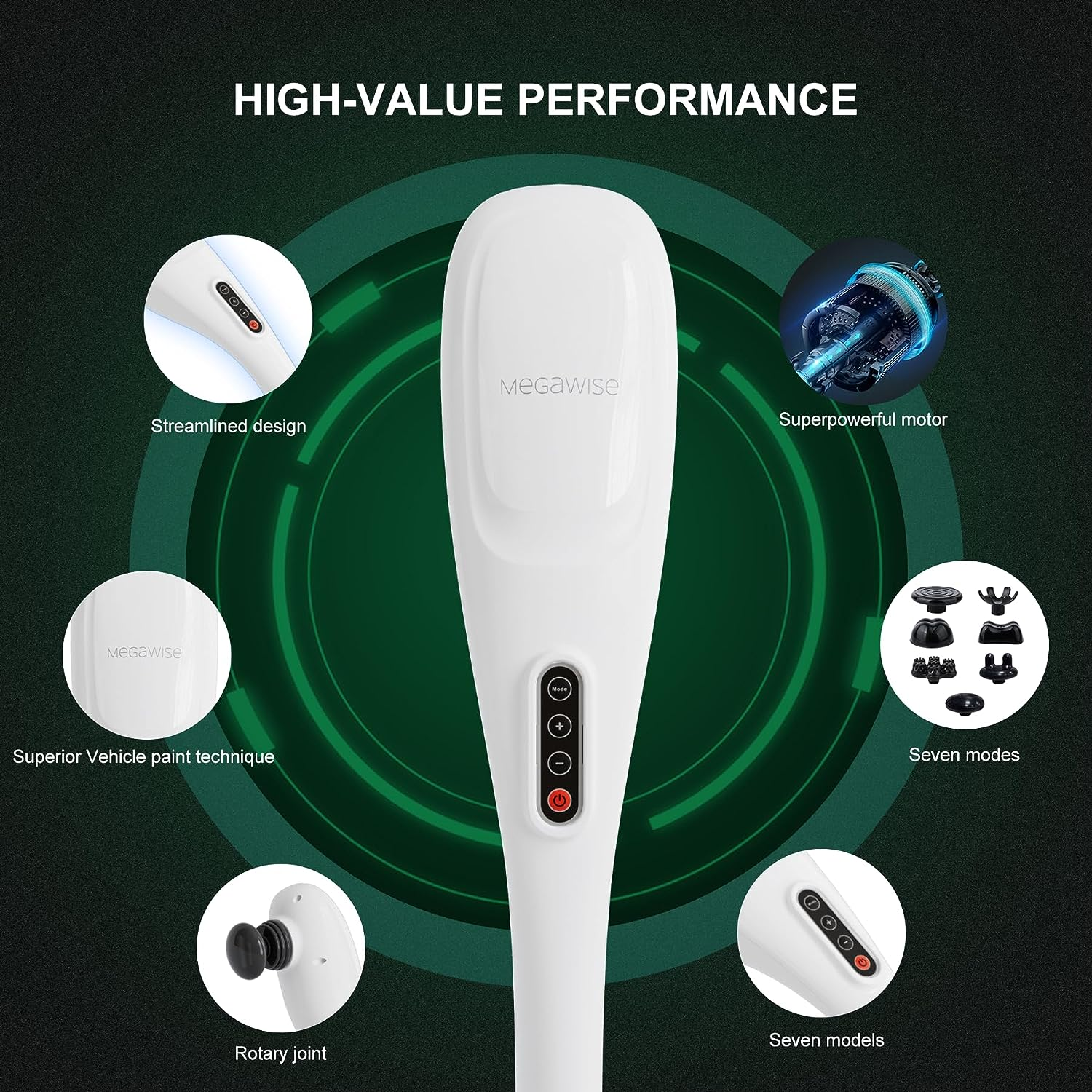 MEGAWISE Handheld Back Massager | Deep Tissue Percussion Massage for Back, Neck, Shoulders, Waist and Legs (Cordless Off-White)